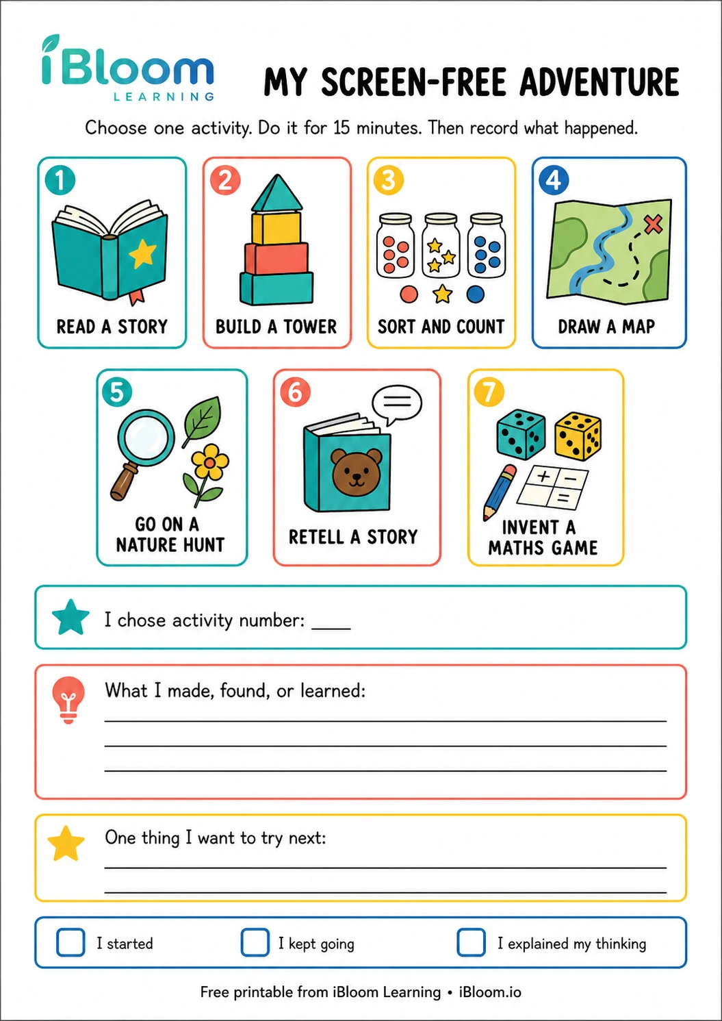 My Screen-Free Adventure printable with seven activity choices, reflection prompts, and a learner self-check.