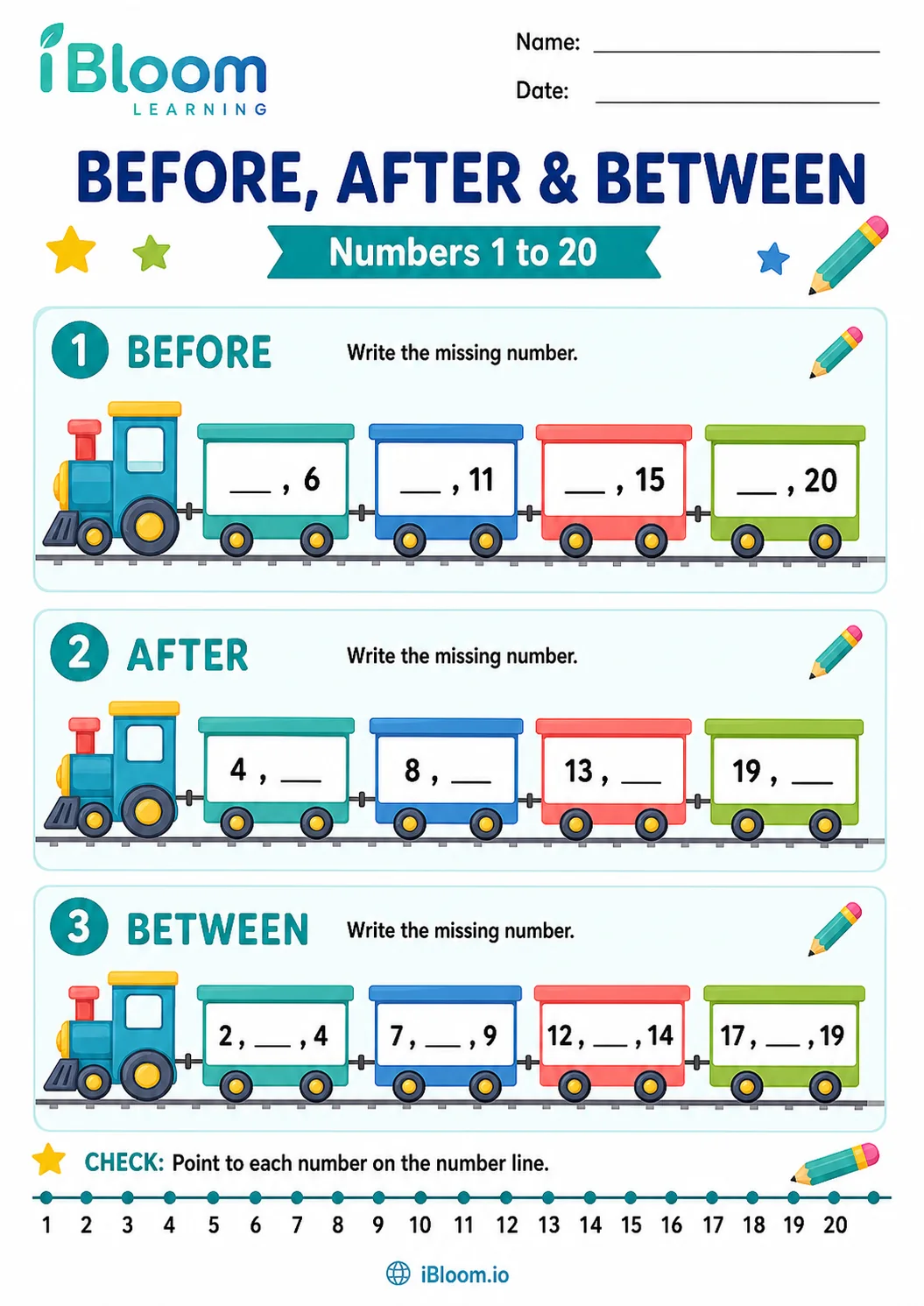 Before, after and between numbers 1 to 20 printable worksheet with the official iBloom Learning logo, three colorful number trains, twelve missing-number questions, and a number line.