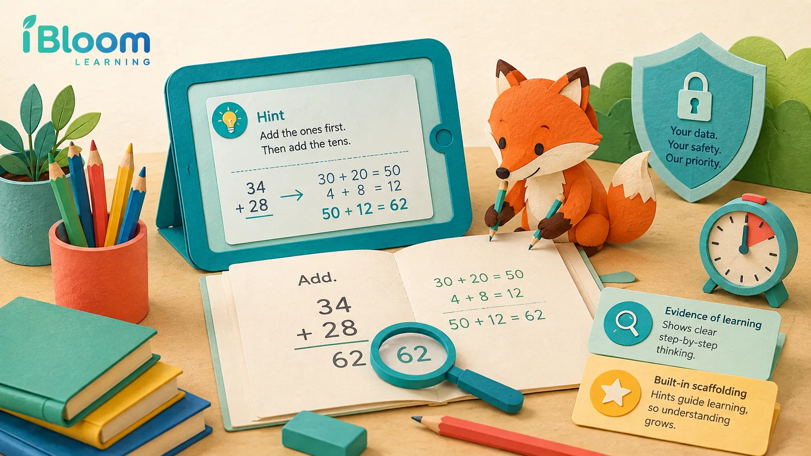 A fox checks a written maths solution beside a learning hint, privacy shield, timer, and evidence cards.