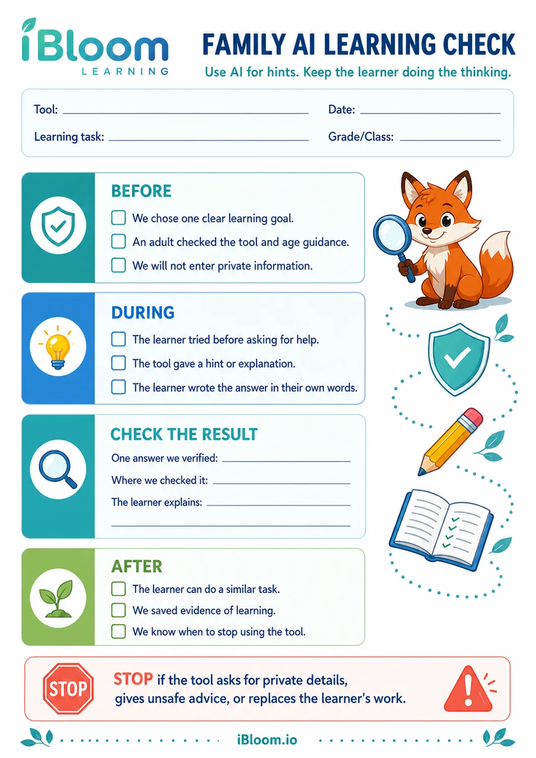 Family AI Learning Check printable with before, during, result-checking, and after-use sections.