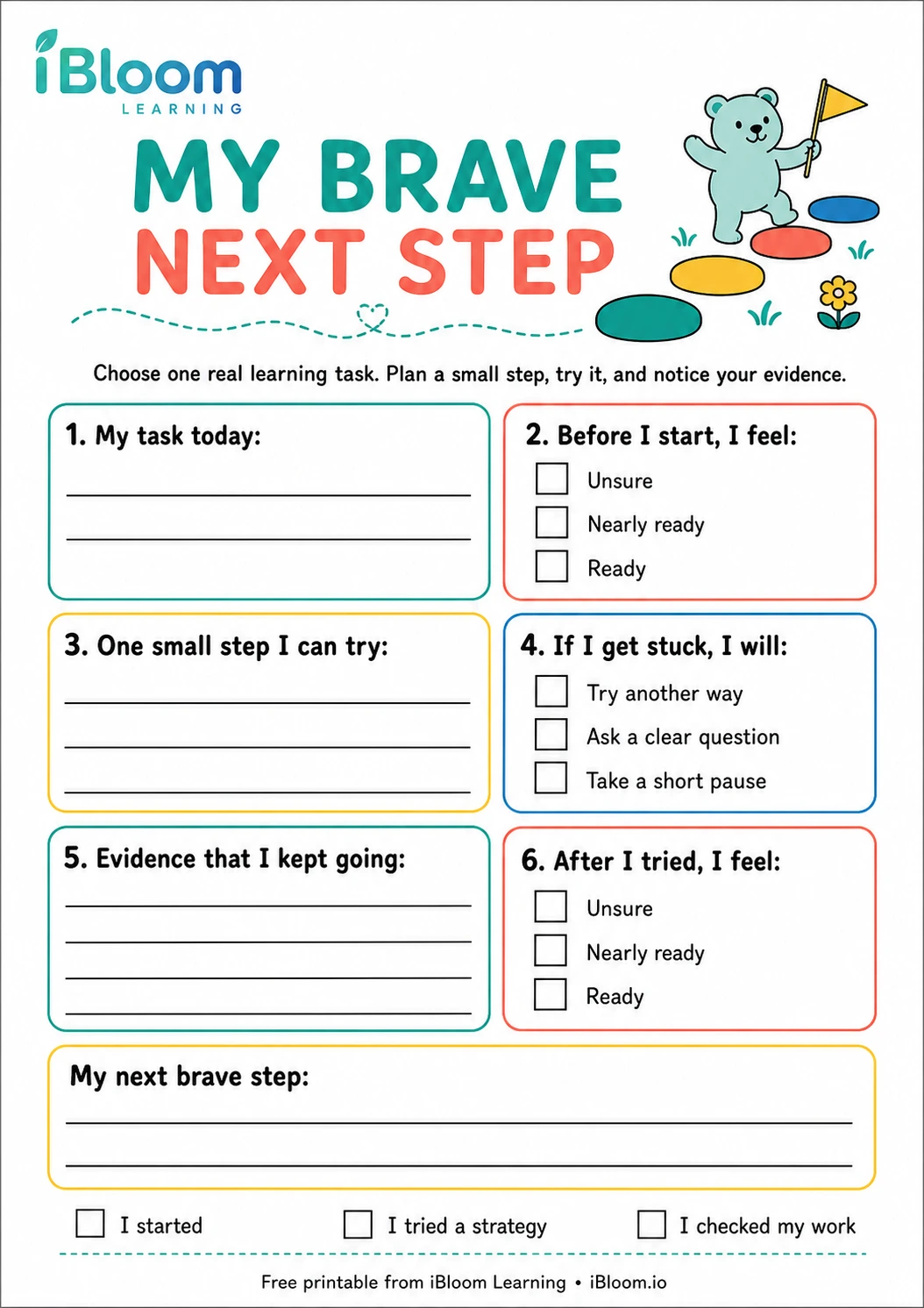 My Brave Next Step confidence-building worksheet with task planning, strategy choices, evidence lines, and before-and-after readiness checks.
