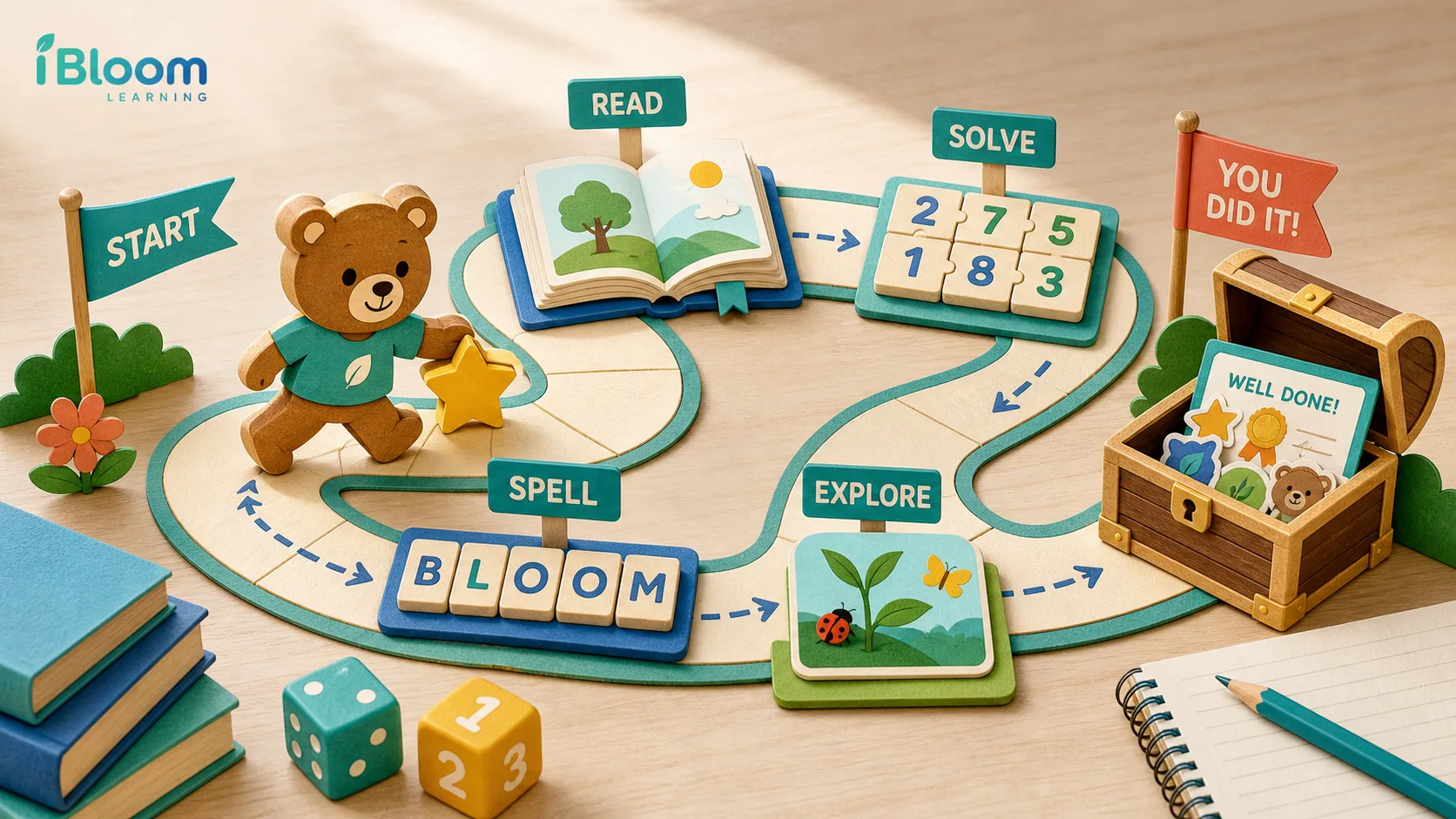 A bear mascot follows a tabletop quest through reading, spelling, maths, and nature activities.