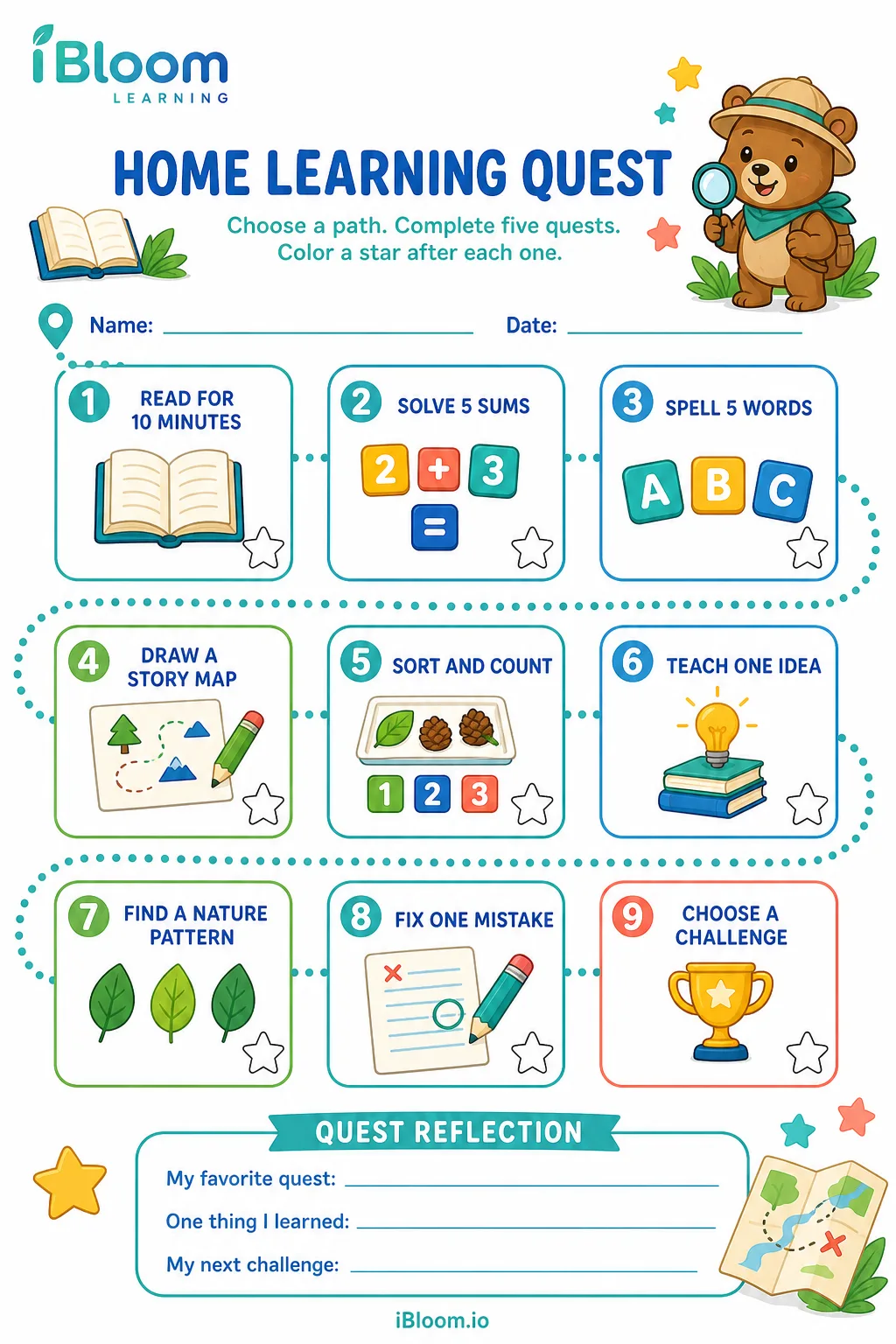 Home Learning Quest printable with nine activity squares, a dotted path, star markers, and a reflection box.