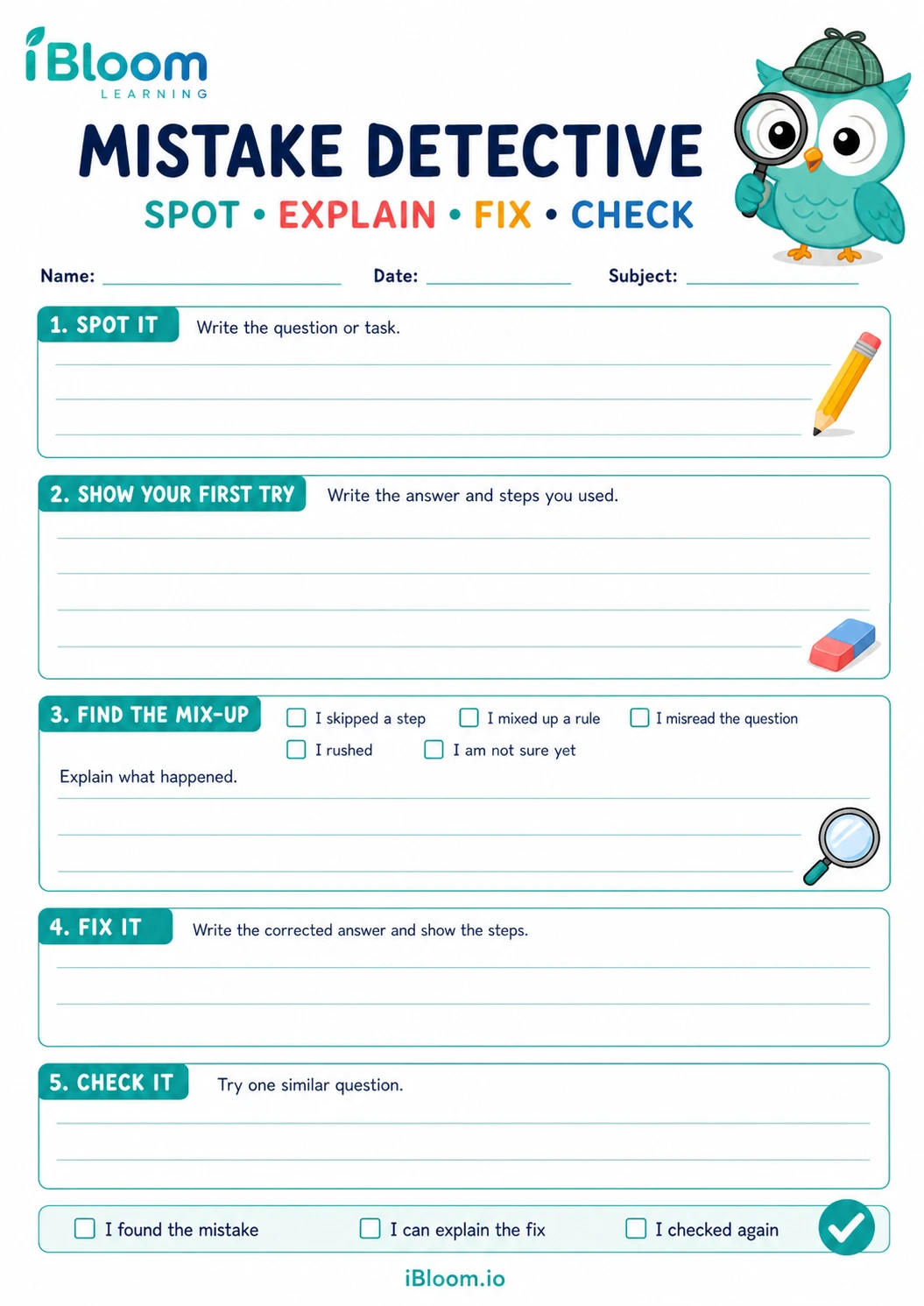 Mistake Detective printable with Spot It, Show Your First Try, Find the Mix-Up, Fix It, and Check It sections.
