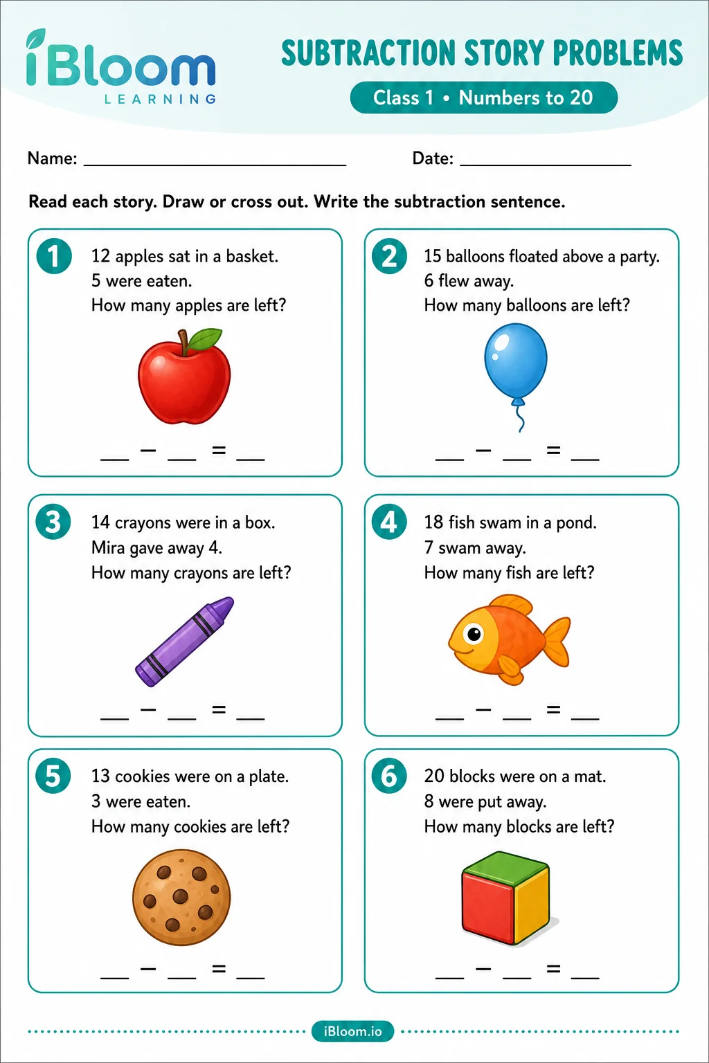 Class 1 subtraction word-problems worksheet with six story sums within 20.