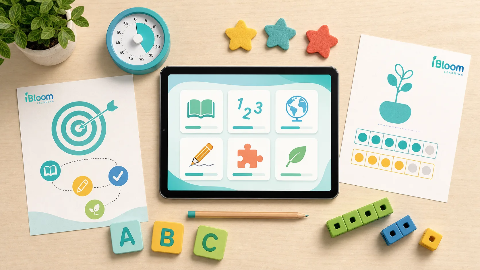 A balanced iBloom learning routine shown with a tablet, printable worksheets, timer, alphabet tiles and counting blocks