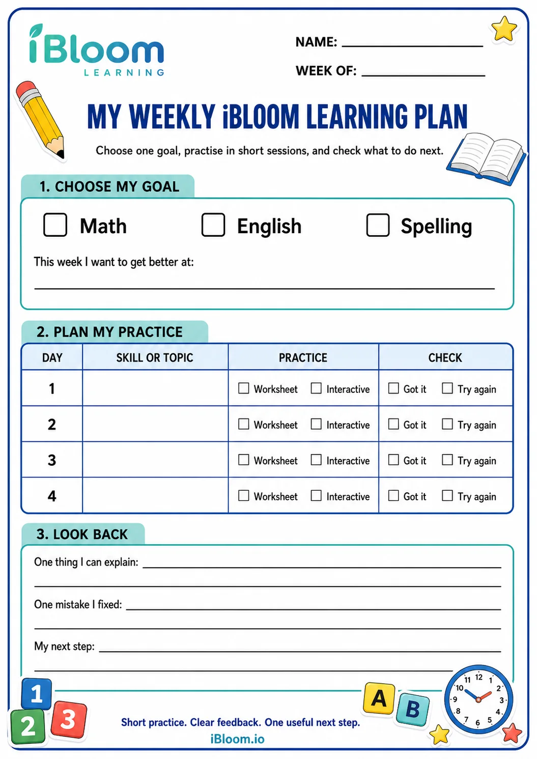My Weekly iBloom Learning Plan printable with goal choices, four practice rows, and a reflection section.