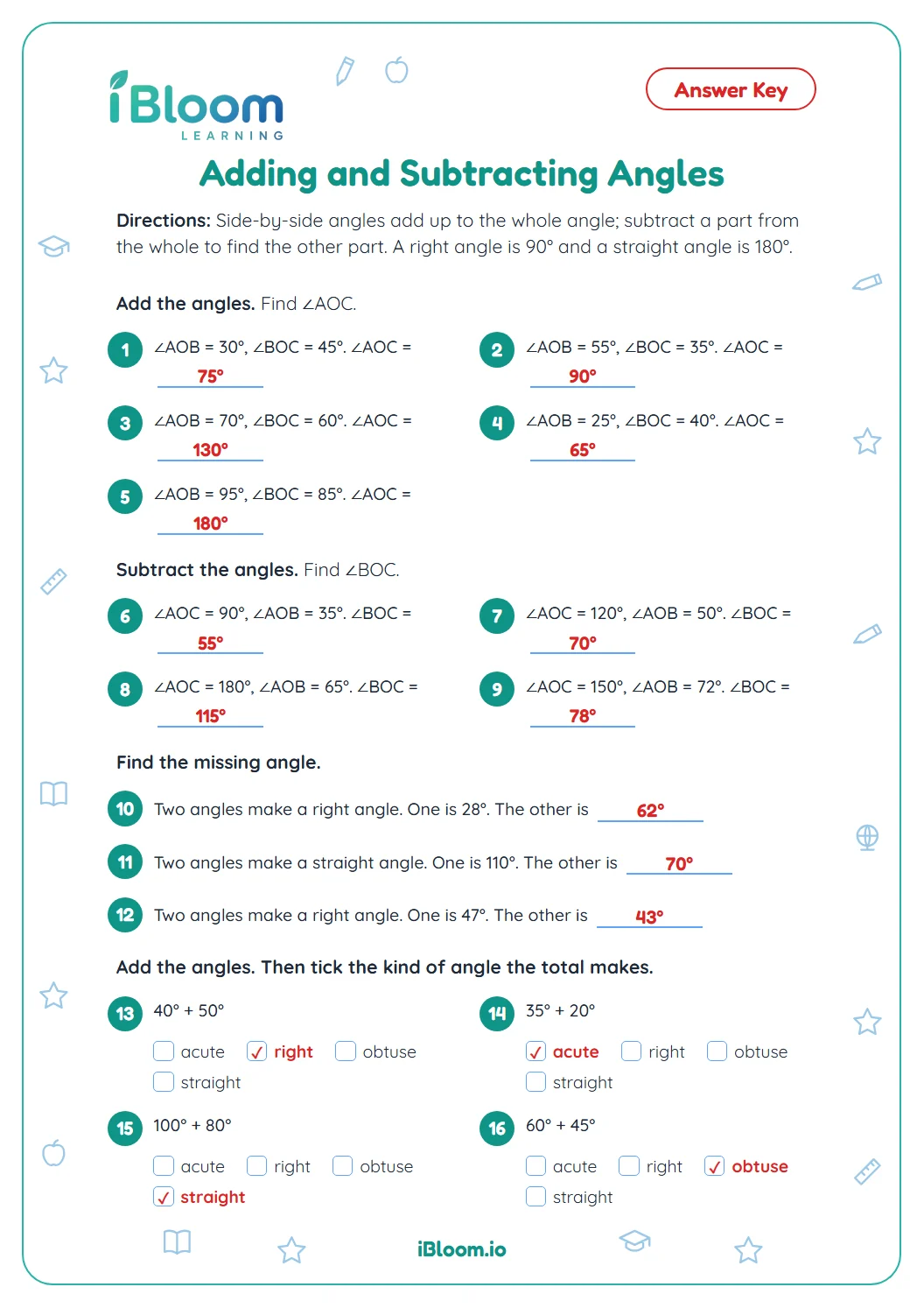 Answer key for the adding and subtracting angles worksheet with every angle worked out.