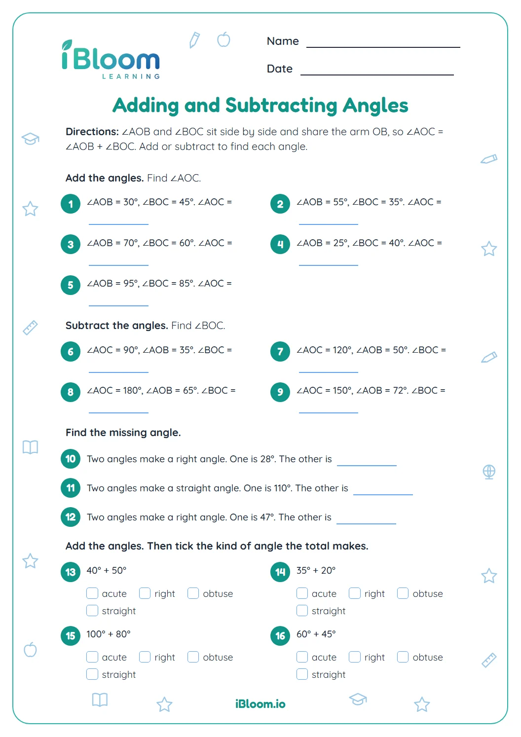 Adding and subtracting angles worksheet with sixteen questions on side-by-side angles, missing angles and angle types.