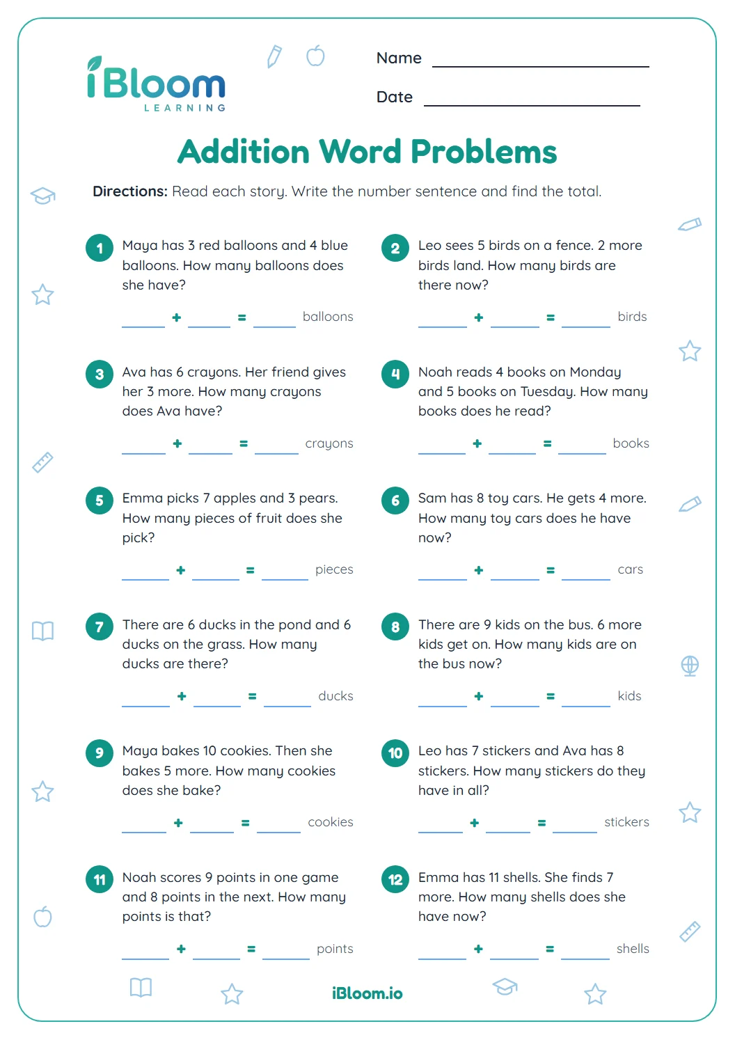 Grade 1 addition word problems worksheet with twelve short stories and number sentences to complete.