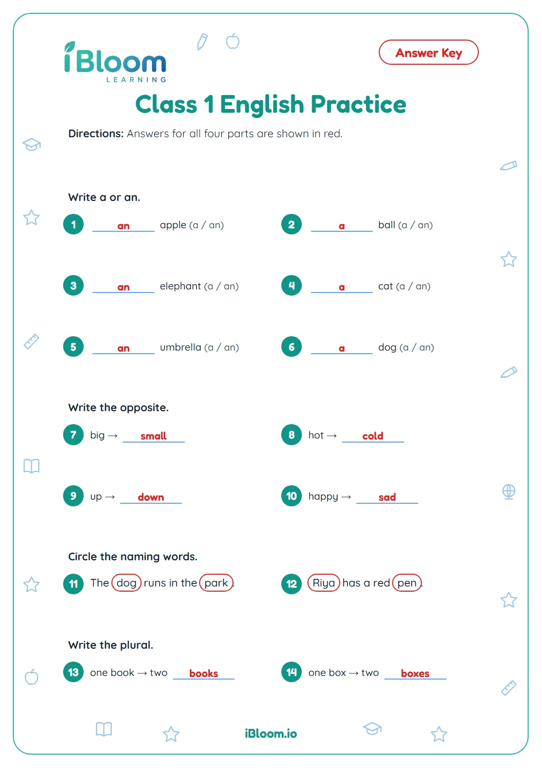 Answer key for the CBSE Class 1 English worksheet with every answer shown.