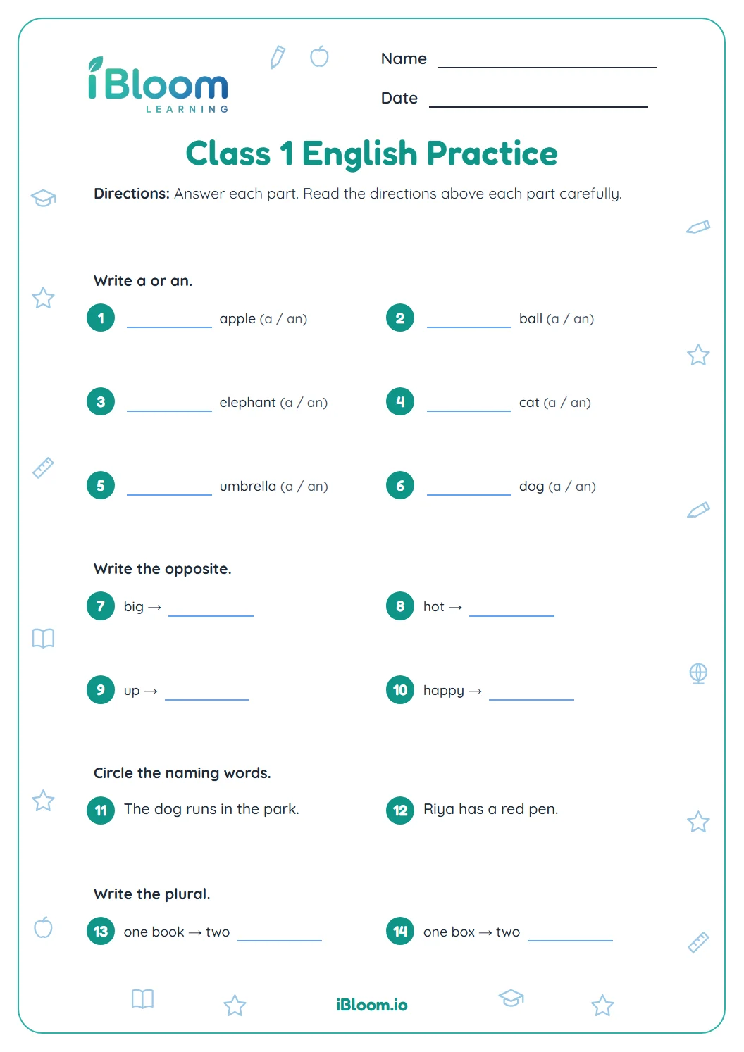 CBSE Class 1 English worksheet with a and an, opposites, naming words and plural questions.