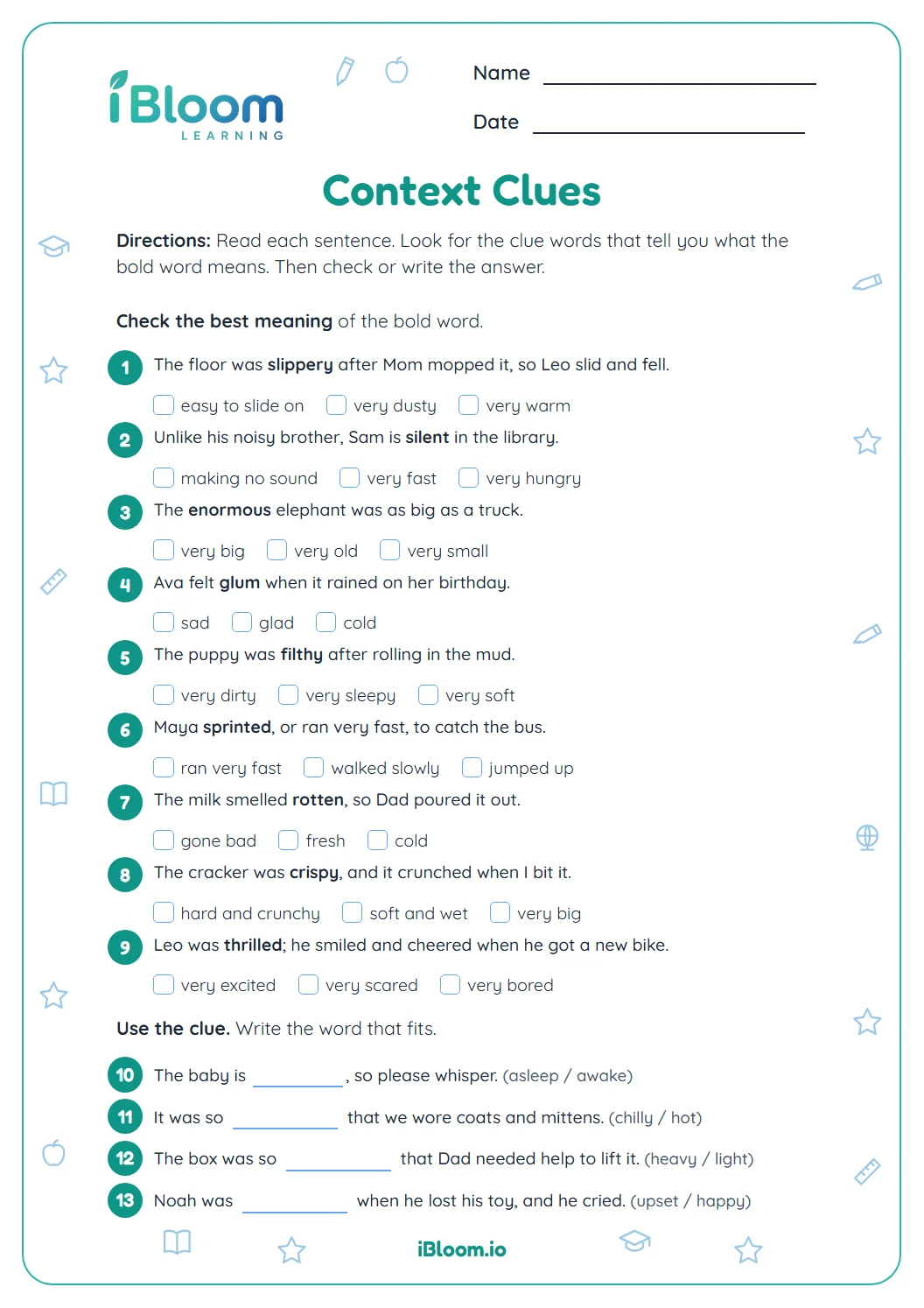 Second grade context clues worksheet with thirteen questions on using sentence clues to find word meanings.