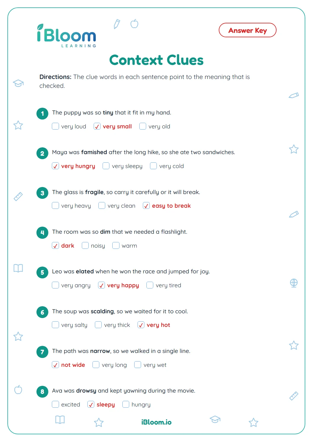Answer key for the Grade 3 context clues worksheet with every correct meaning checked.
