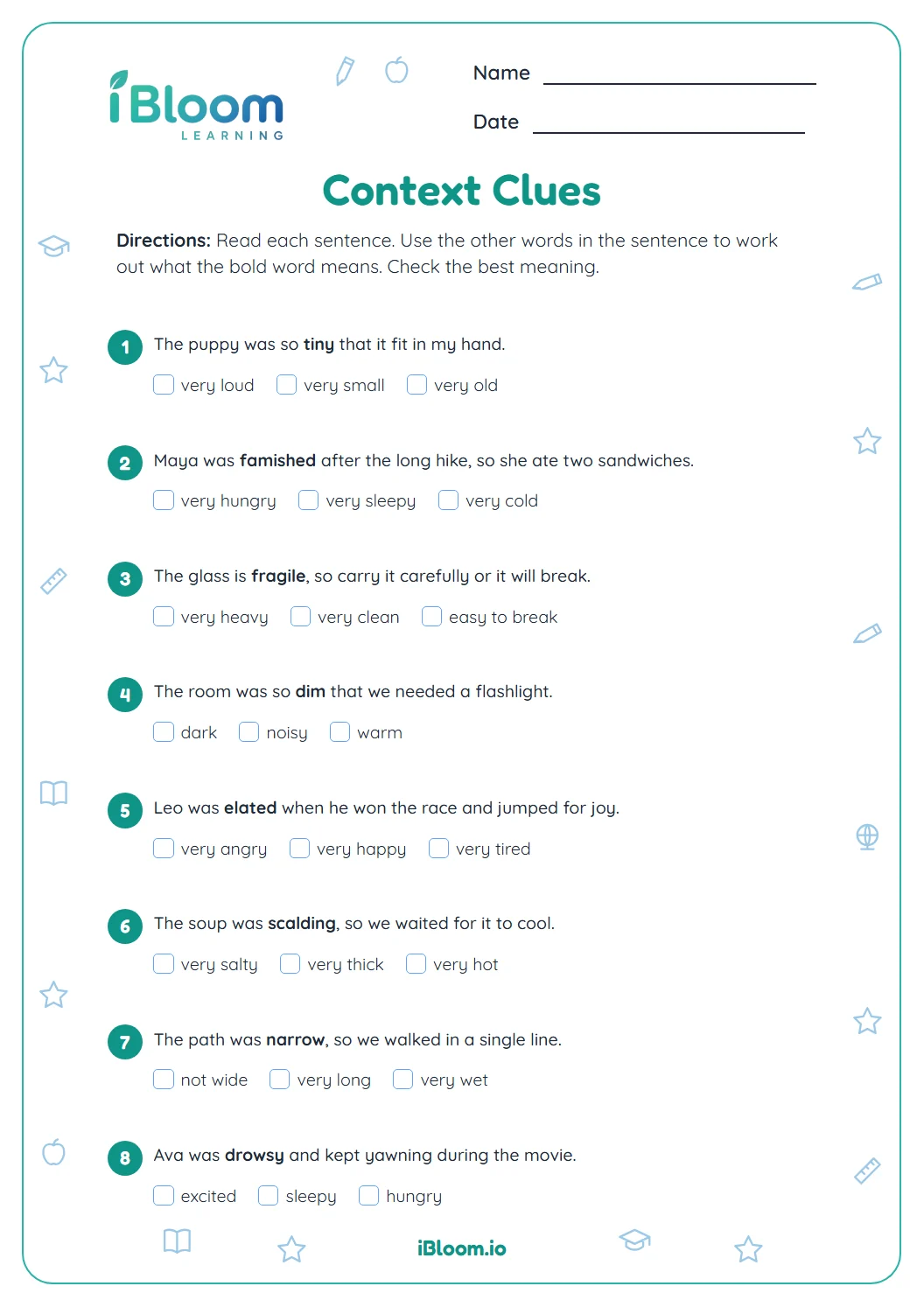 Grade 3 context clues worksheet with eight sentences and a choice of three meanings for each bold word.
