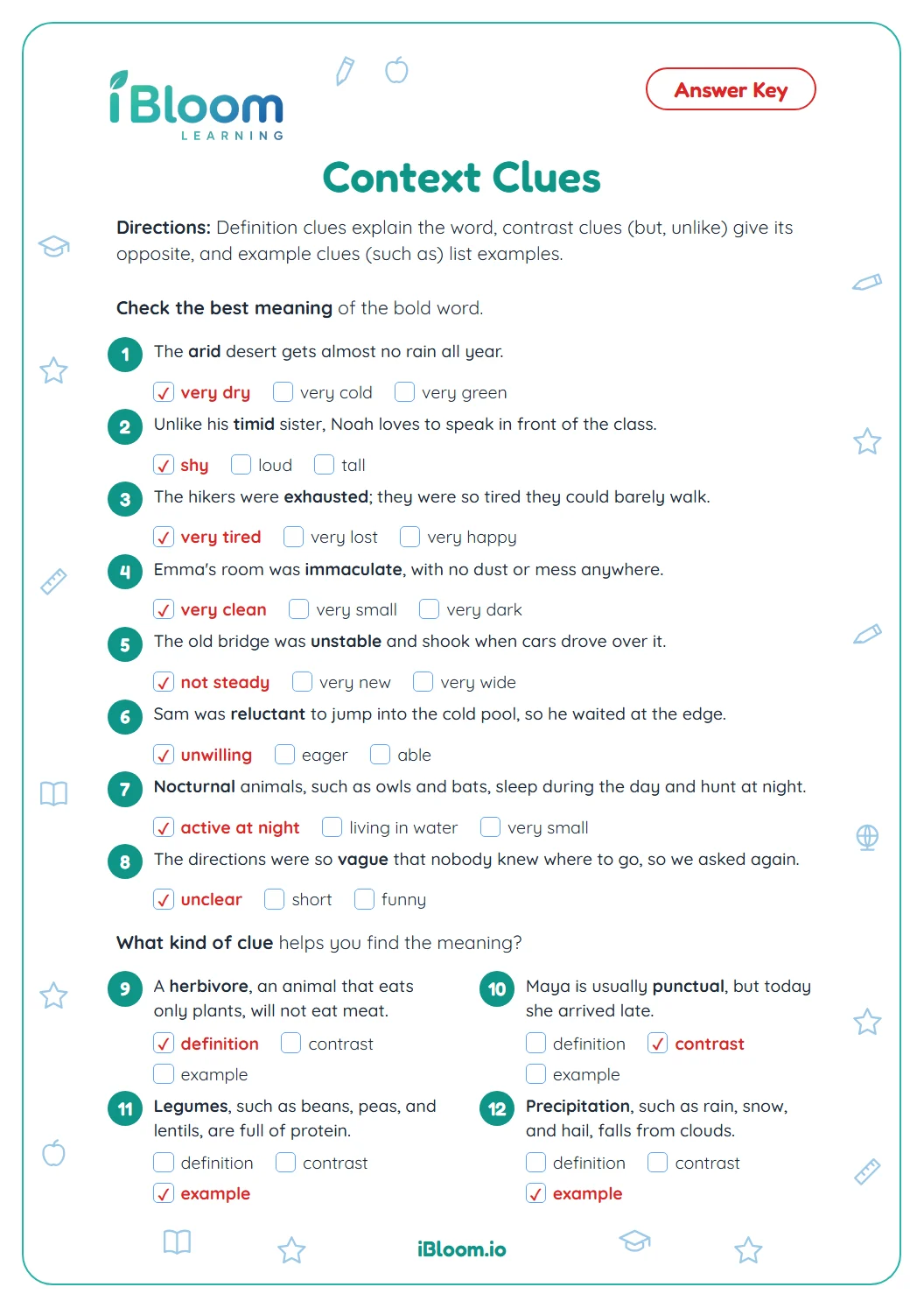 Answer key for the Grade 4 context clues worksheet with every meaning and clue type marked.