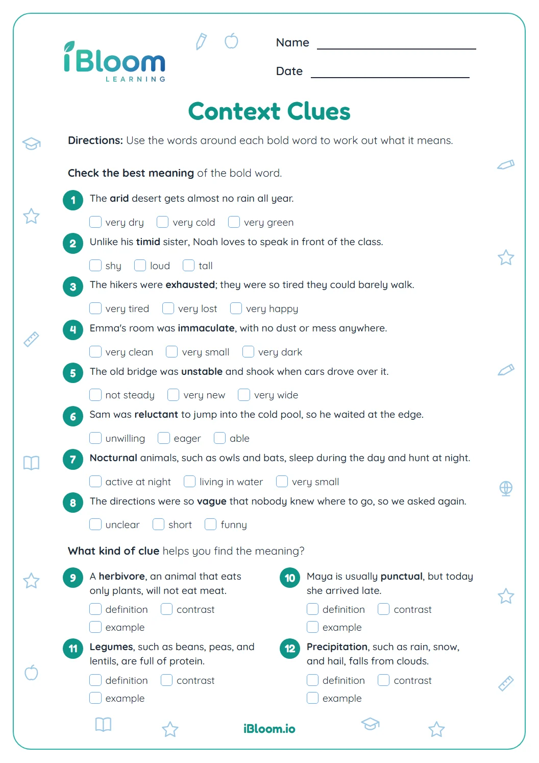 Grade 4 context clues worksheet with fourteen questions on word meanings and clue types.