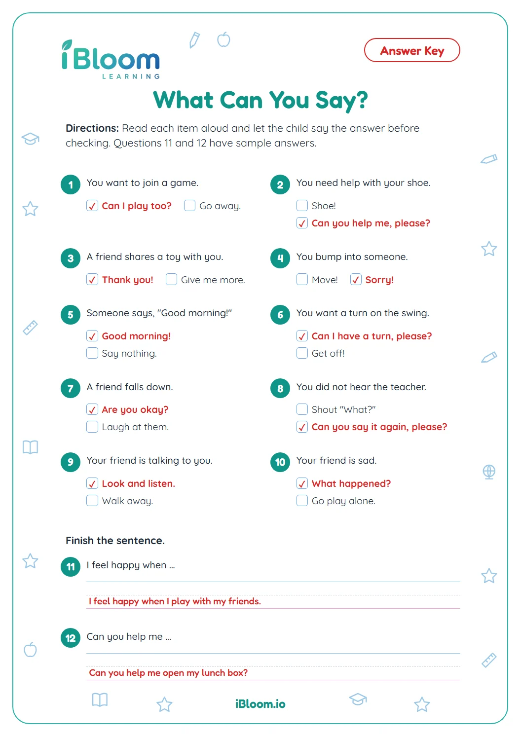 Answer key for the conversation skills worksheet with the kind reply checked and sample sentences.