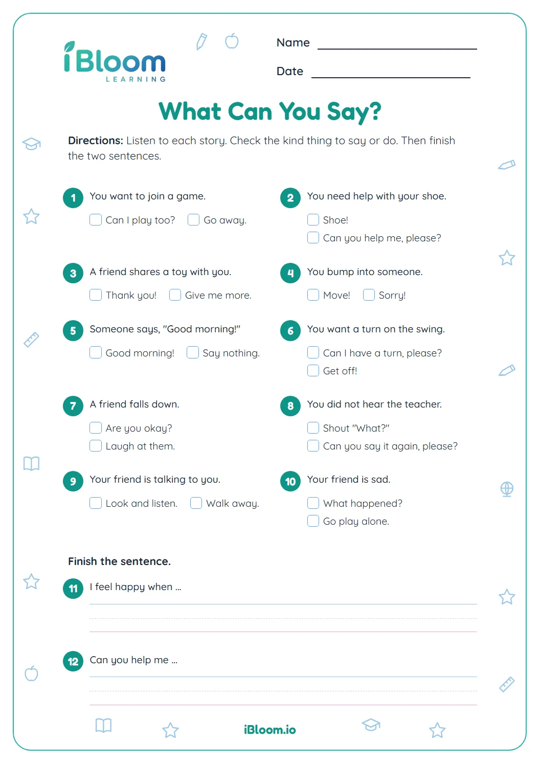 Conversation skills worksheet with ten everyday situations to choose what to say and two sentence starters.