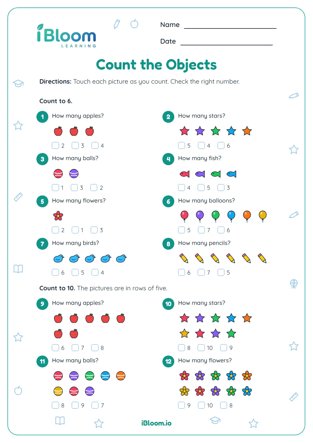 Counting objects worksheet for preschool and kindergarten with twelve groups of pictures to count up to 10.