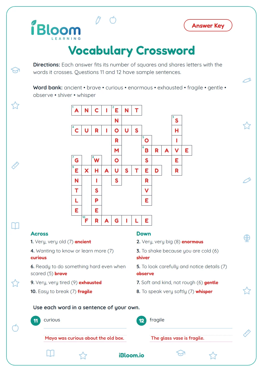 Answer key for the Grade 3 vocabulary crossword with every word filled in and sample sentences.