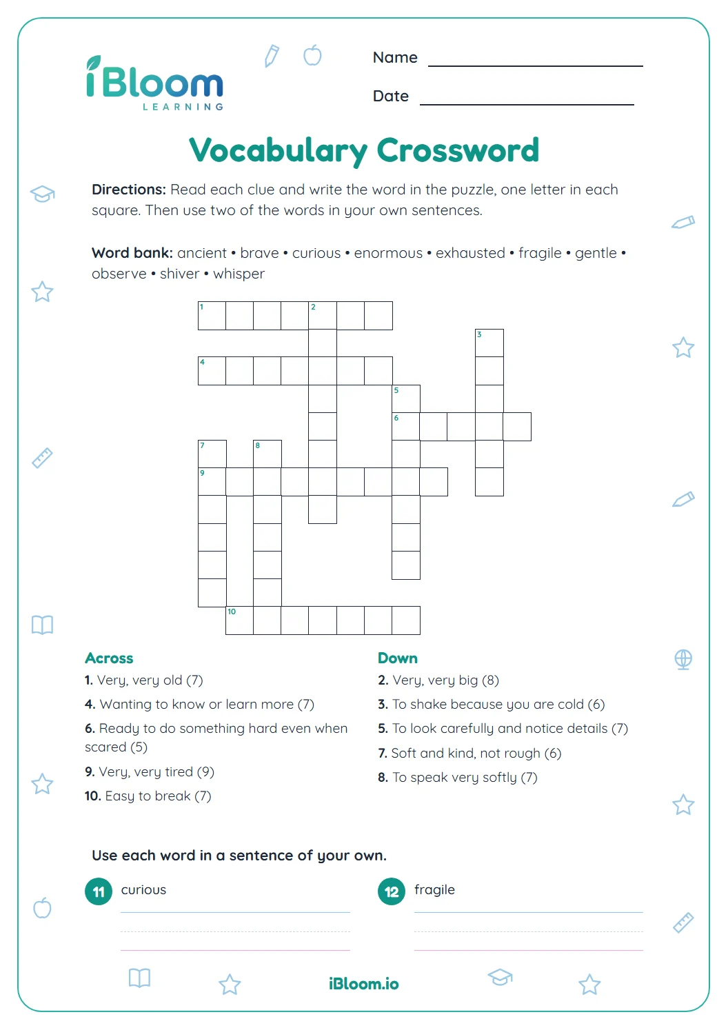 Grade 3 vocabulary crossword worksheet with a word bank, ten clues and two sentence-writing lines.