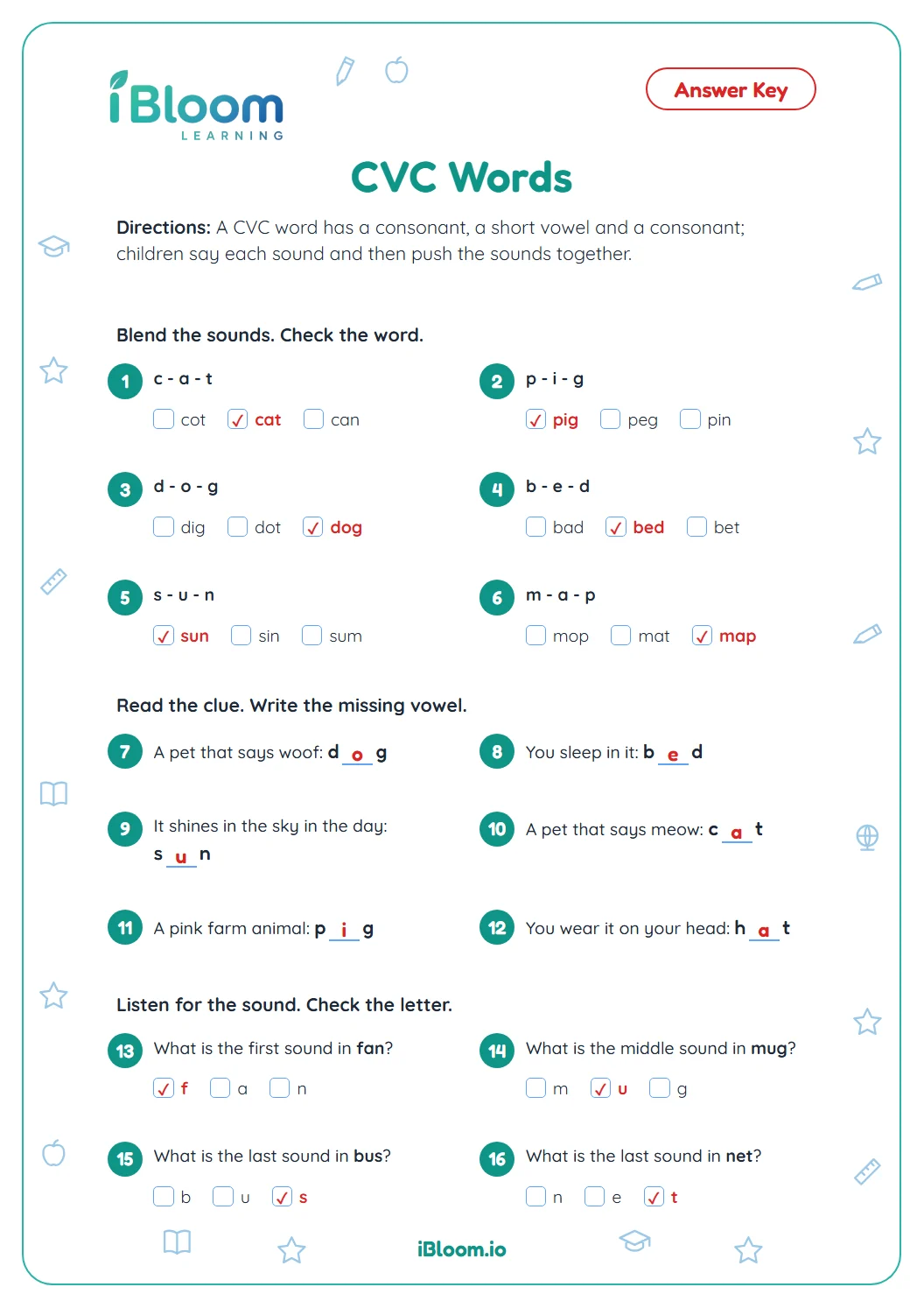 Answer key for the kindergarten CVC words worksheet with every word, vowel and sound marked.