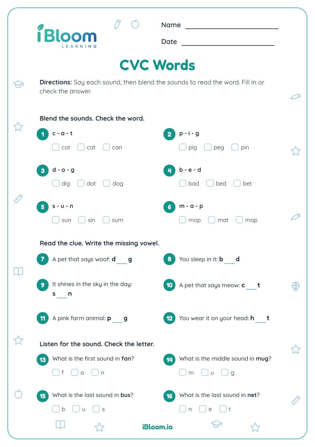 Kindergarten CVC words worksheet with sixteen questions on blending sounds, missing vowels and sound positions.
