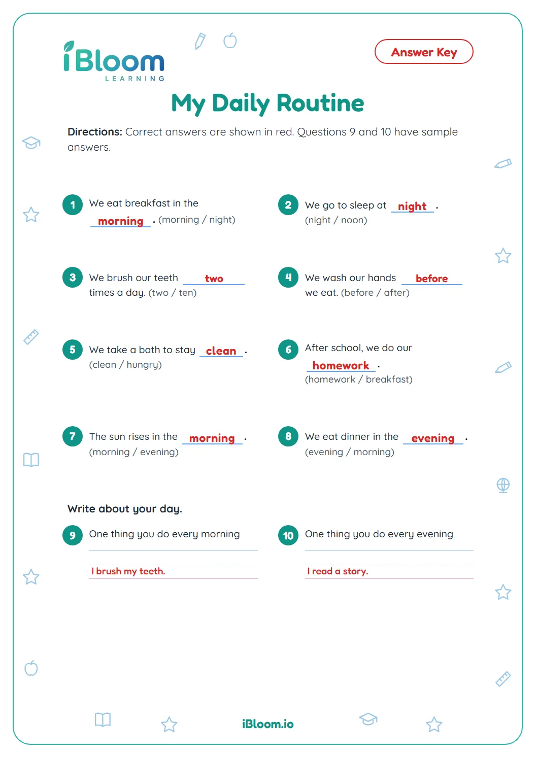 Answer key for the daily routine worksheet with every answer and two sample sentences.