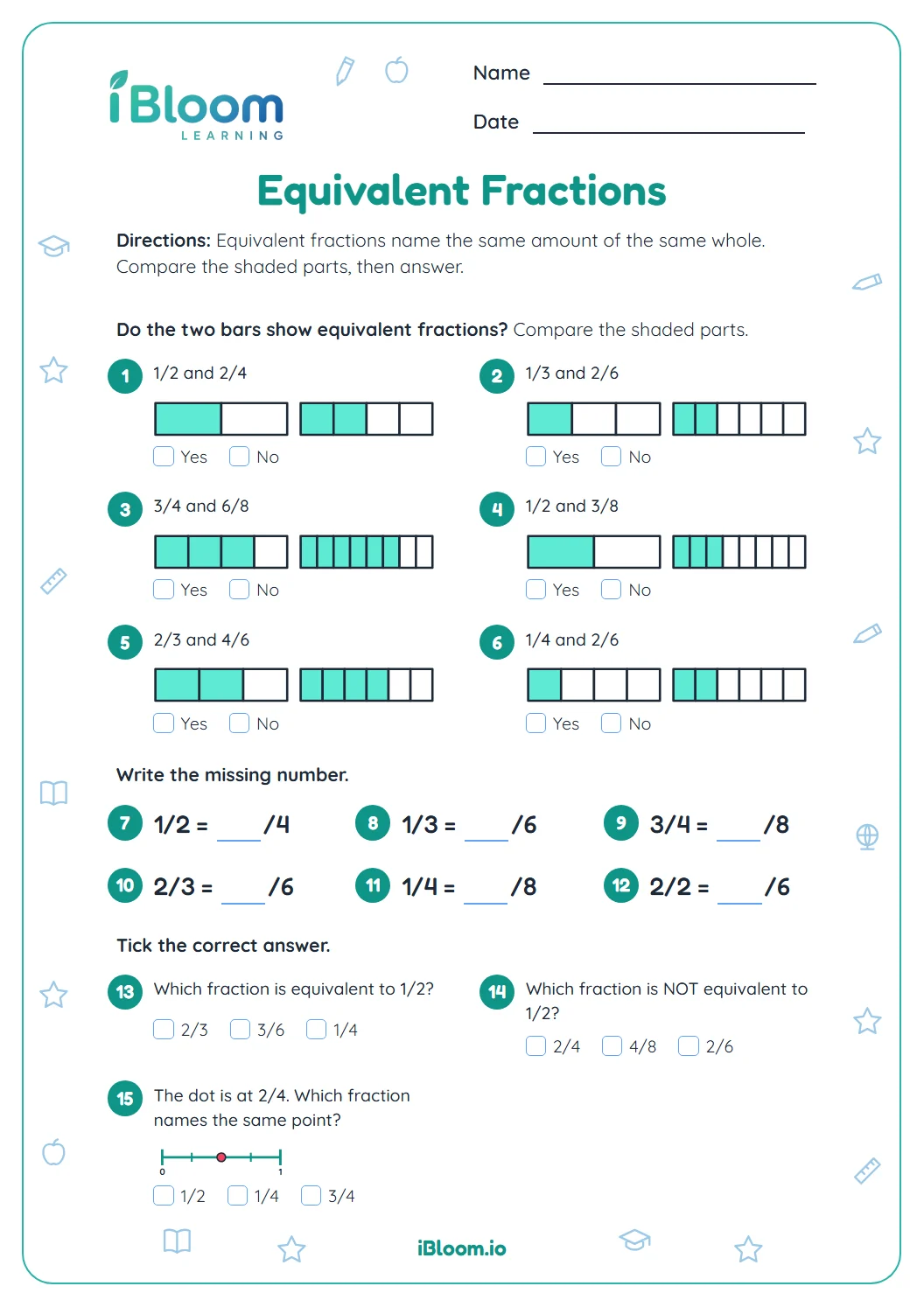 Grade 3 equivalent fractions worksheet with fraction bars, missing numbers and a number line, fifteen questions.