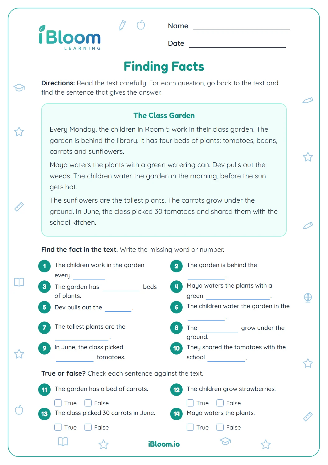 Finding facts reading worksheet with a short text about a class garden and fourteen questions.
