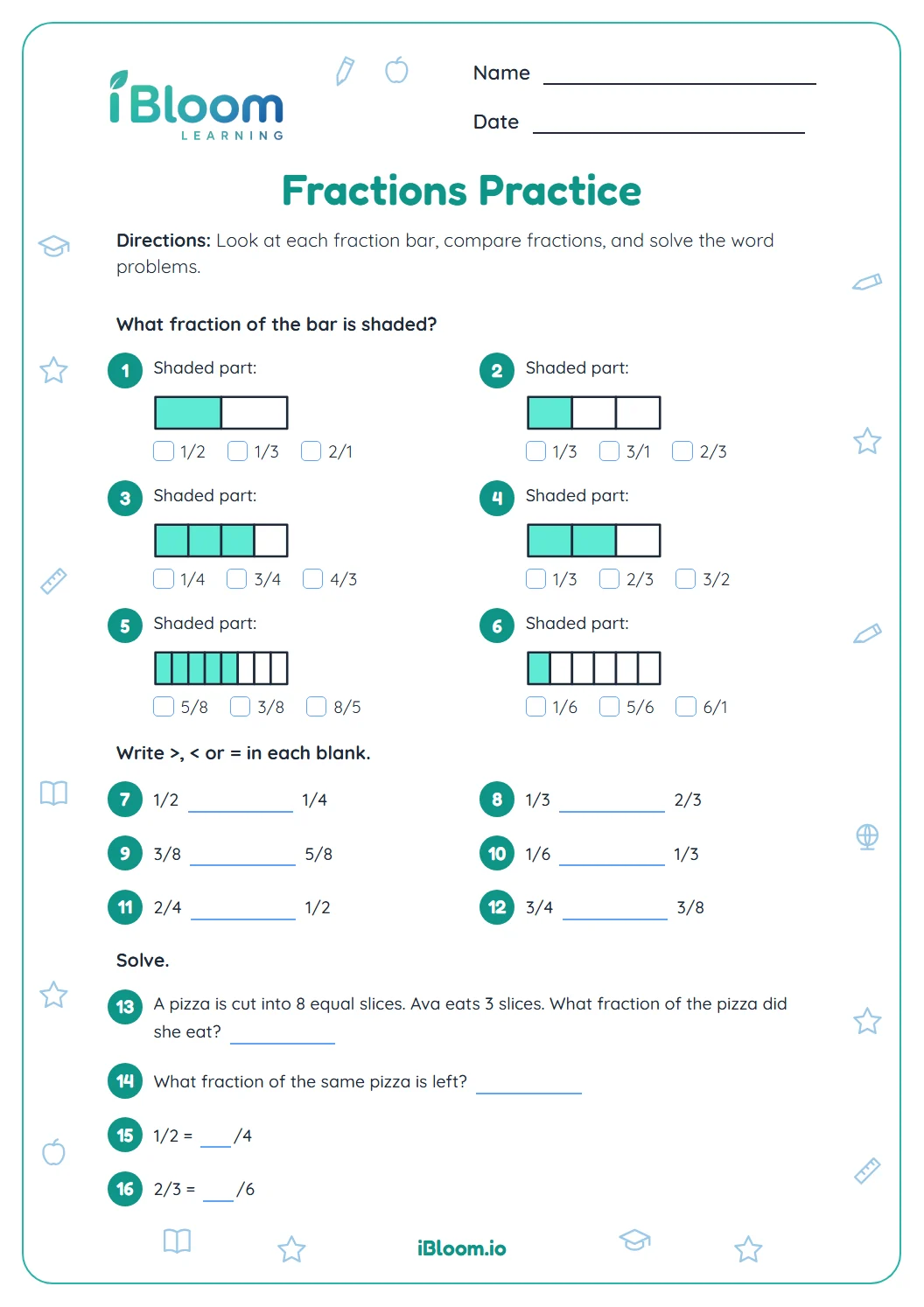Grade 3 fractions worksheet with shaded fraction bars, fraction comparisons and pizza word problems.