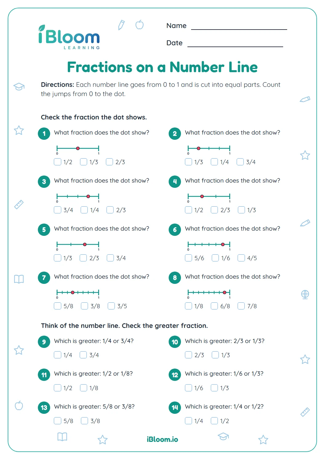 Grade 3 fractions on a number line worksheet with eight number lines to read and six fraction pairs to compare.