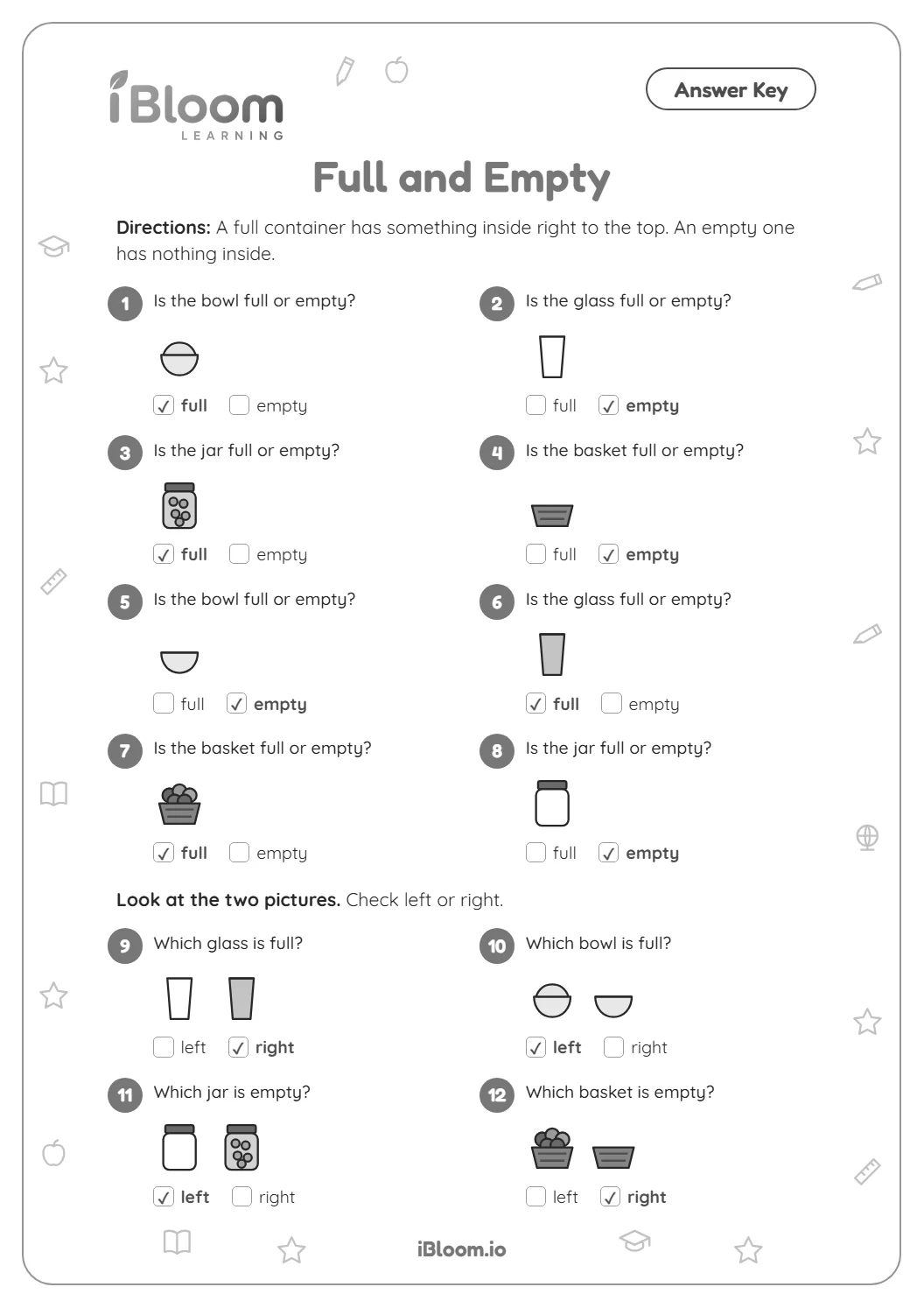 Answer key for the black and white full and empty worksheet with every correct box checked.