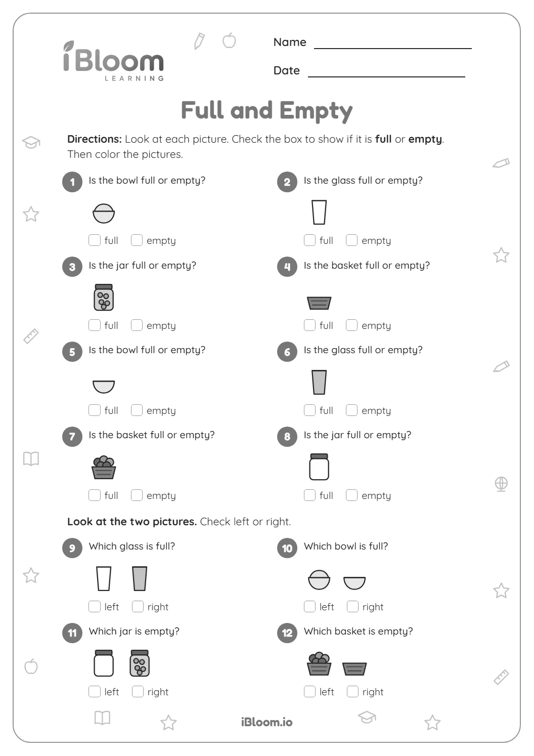 Black and white full and empty worksheet with outline pictures of glasses, jars, baskets and bowls to check and color.