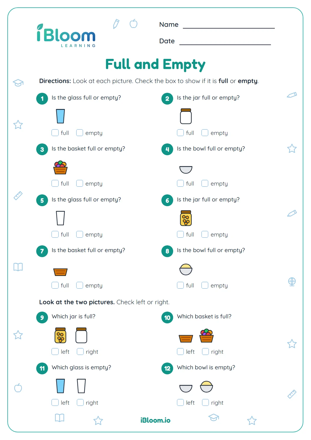 Kindergarten full and empty worksheet with pictures of glasses, jars, baskets and bowls and boxes to check full or empty.
