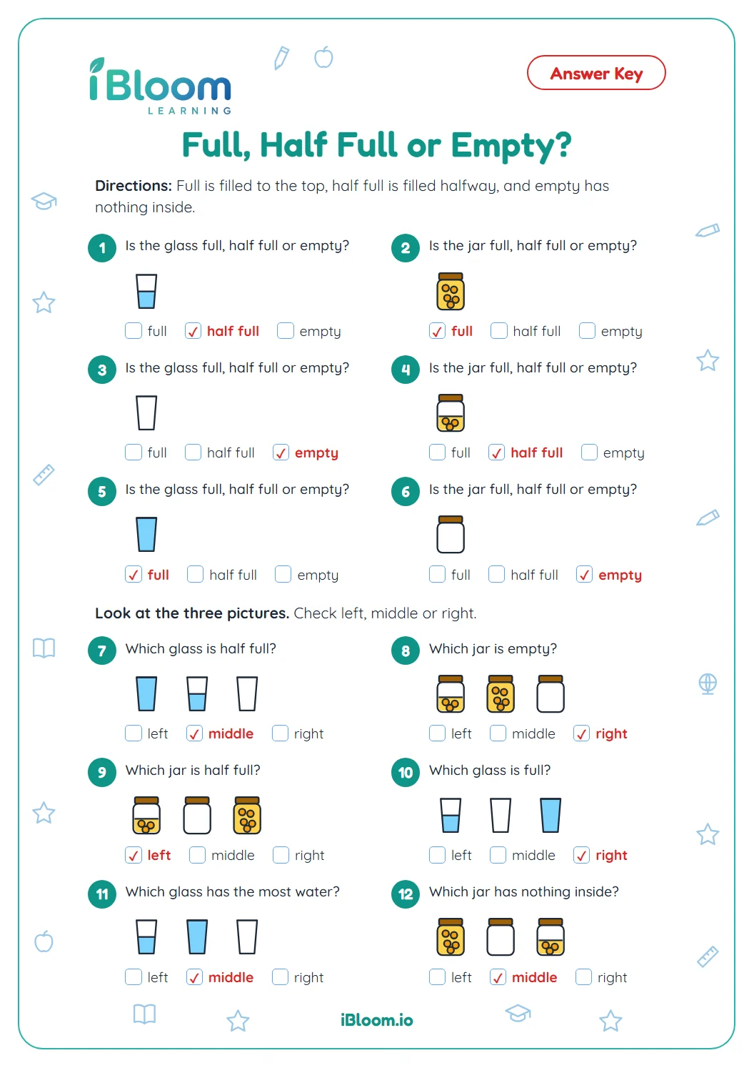 Answer key for the kindergarten full, half full and empty worksheet with every correct box checked.