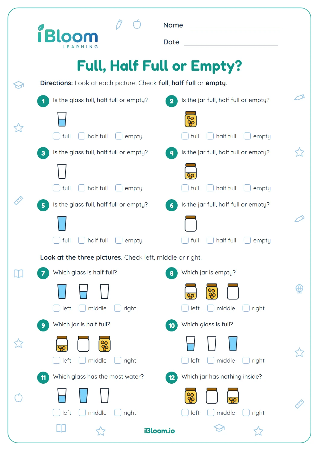 Kindergarten full, half full and empty worksheet with pictures of glasses and jars and boxes to check.
