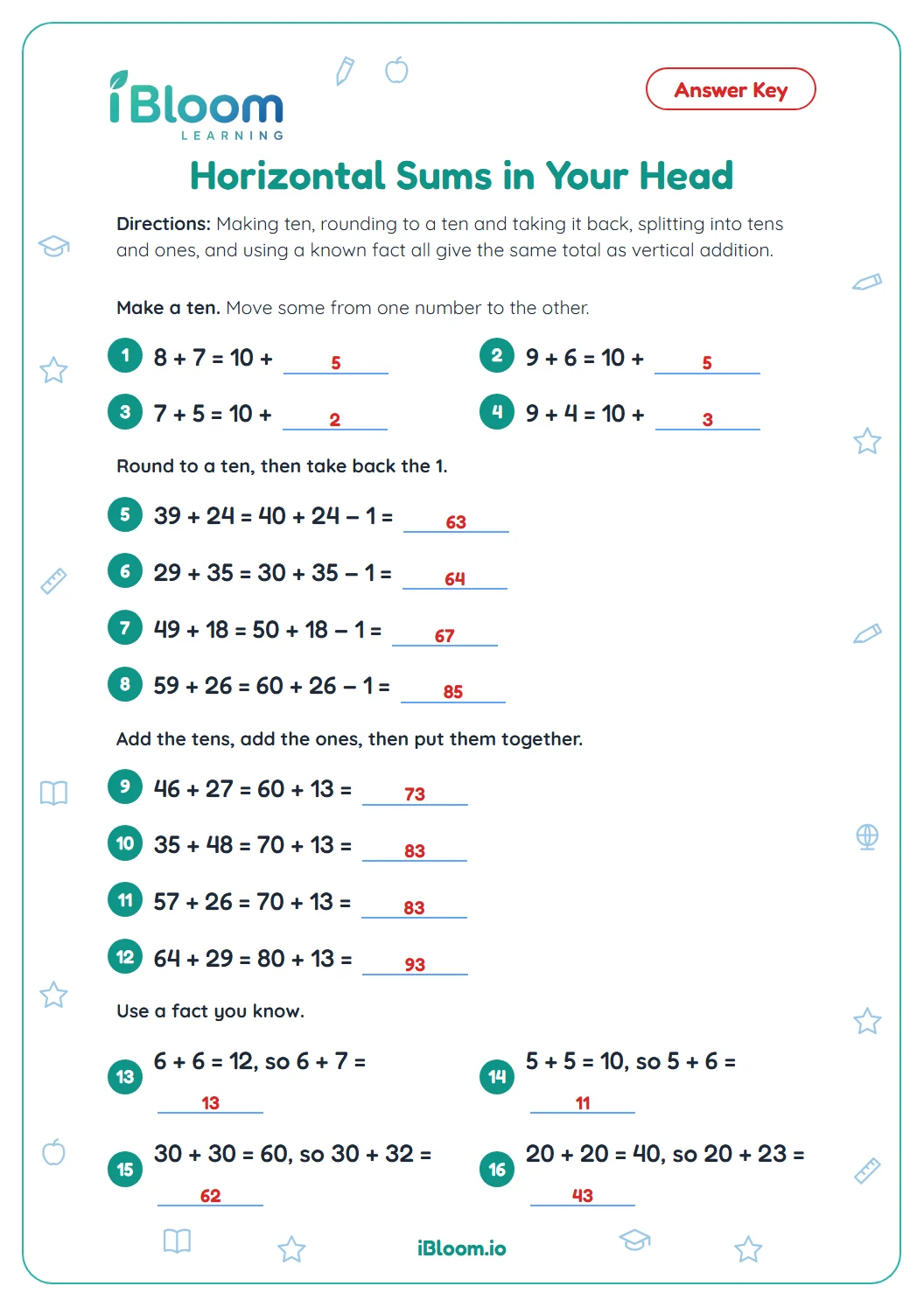 Answer key for the horizontal sums mental math worksheet with every missing number filled in.