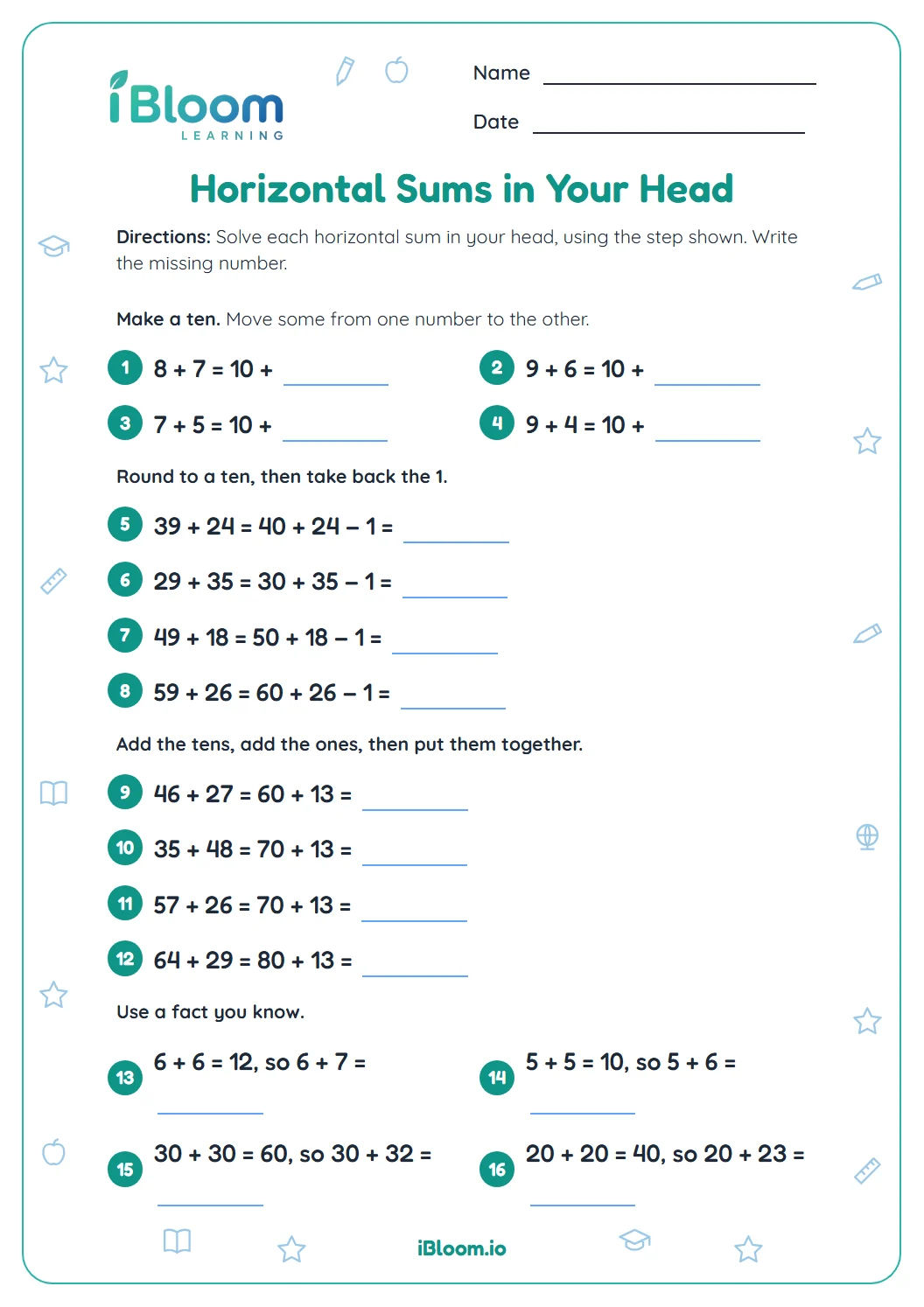 Horizontal sums mental math worksheet with sixteen addition sums solved by making ten, rounding, splitting tens and ones, and known facts.