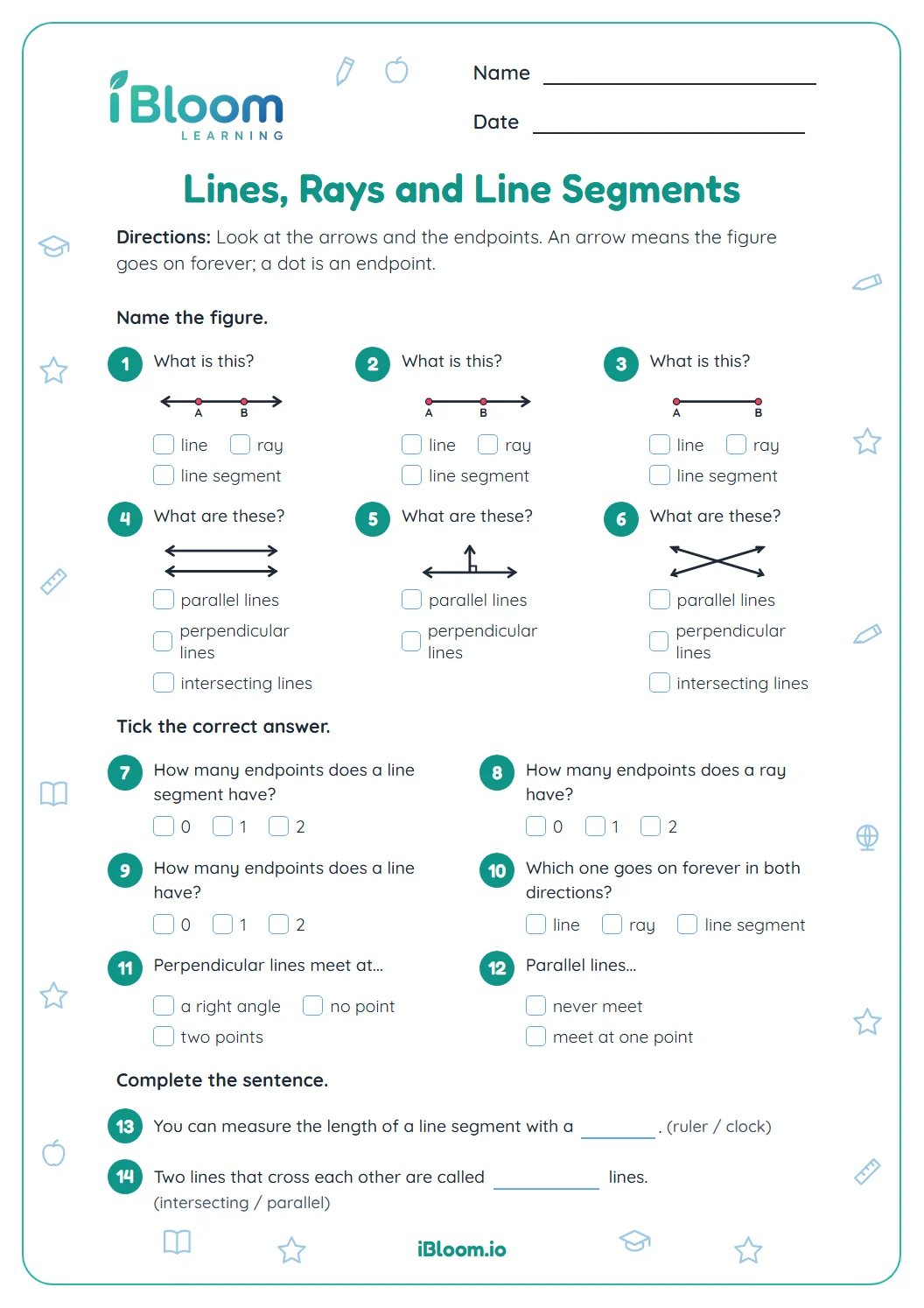 Lines, rays and line segments worksheet with fourteen questions on naming figures, endpoints and line pairs.