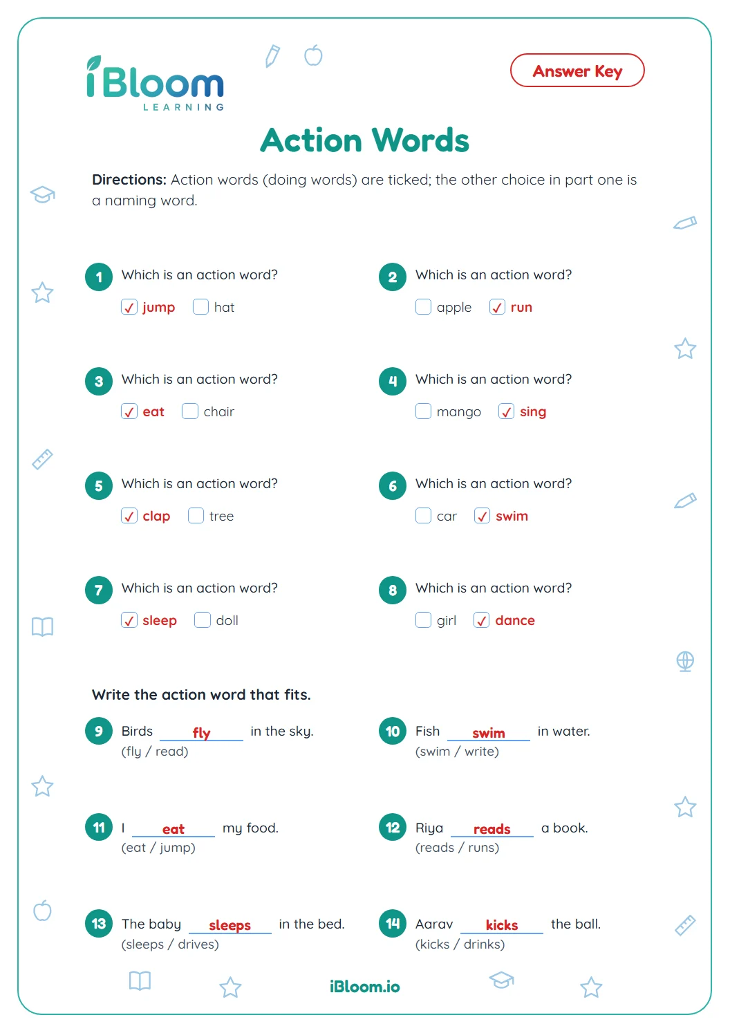 Answer key for the LKG action words worksheet with every action word marked.