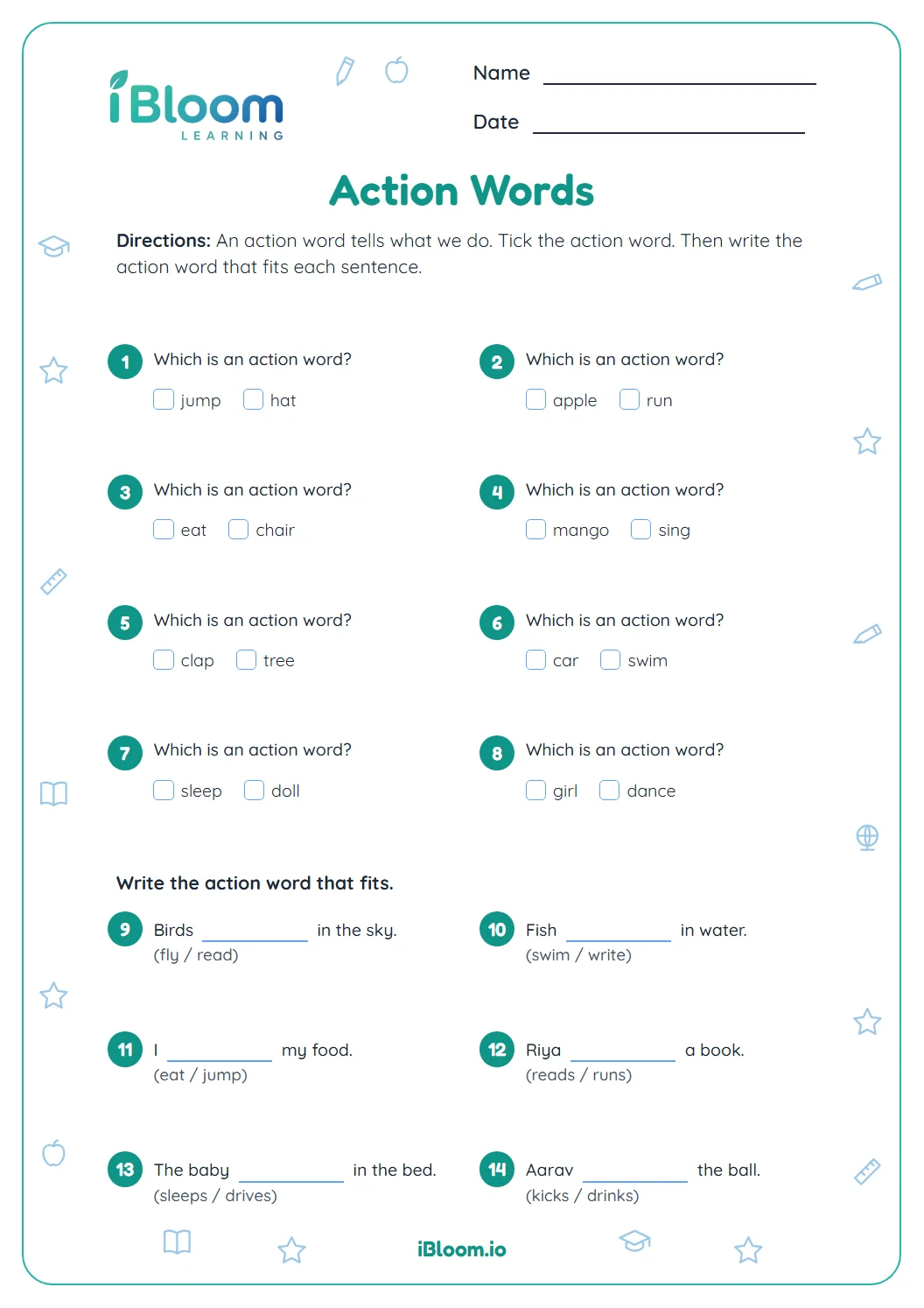 LKG action words worksheet with eight pick-the-action-word pairs and six sentences to complete.