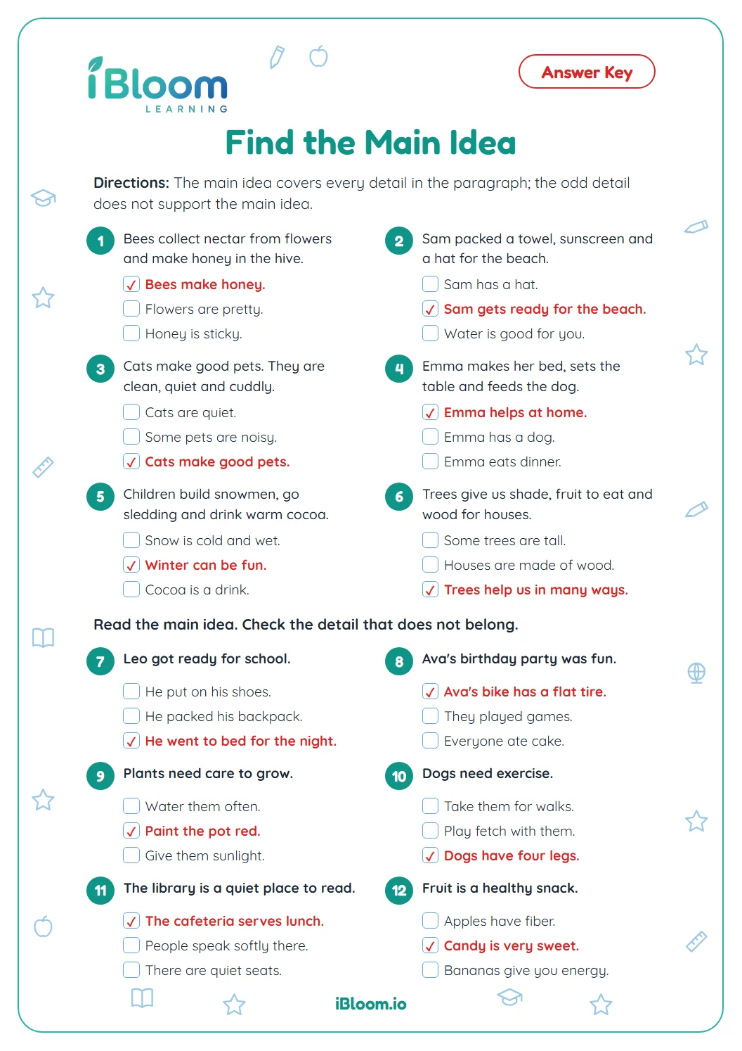 Answer key for the main idea worksheet with every correct choice checked.