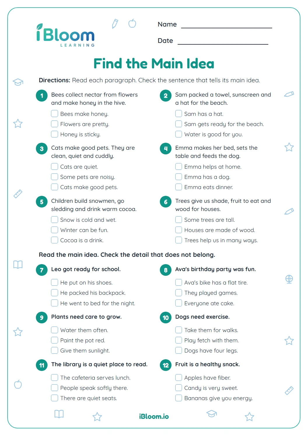 Main idea worksheet with six short paragraphs to choose the main idea and six odd-detail questions.