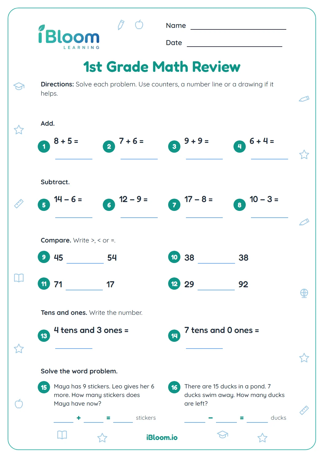 First grade math review worksheet with sixteen questions on addition, subtraction, comparing numbers, tens and ones and word problems.