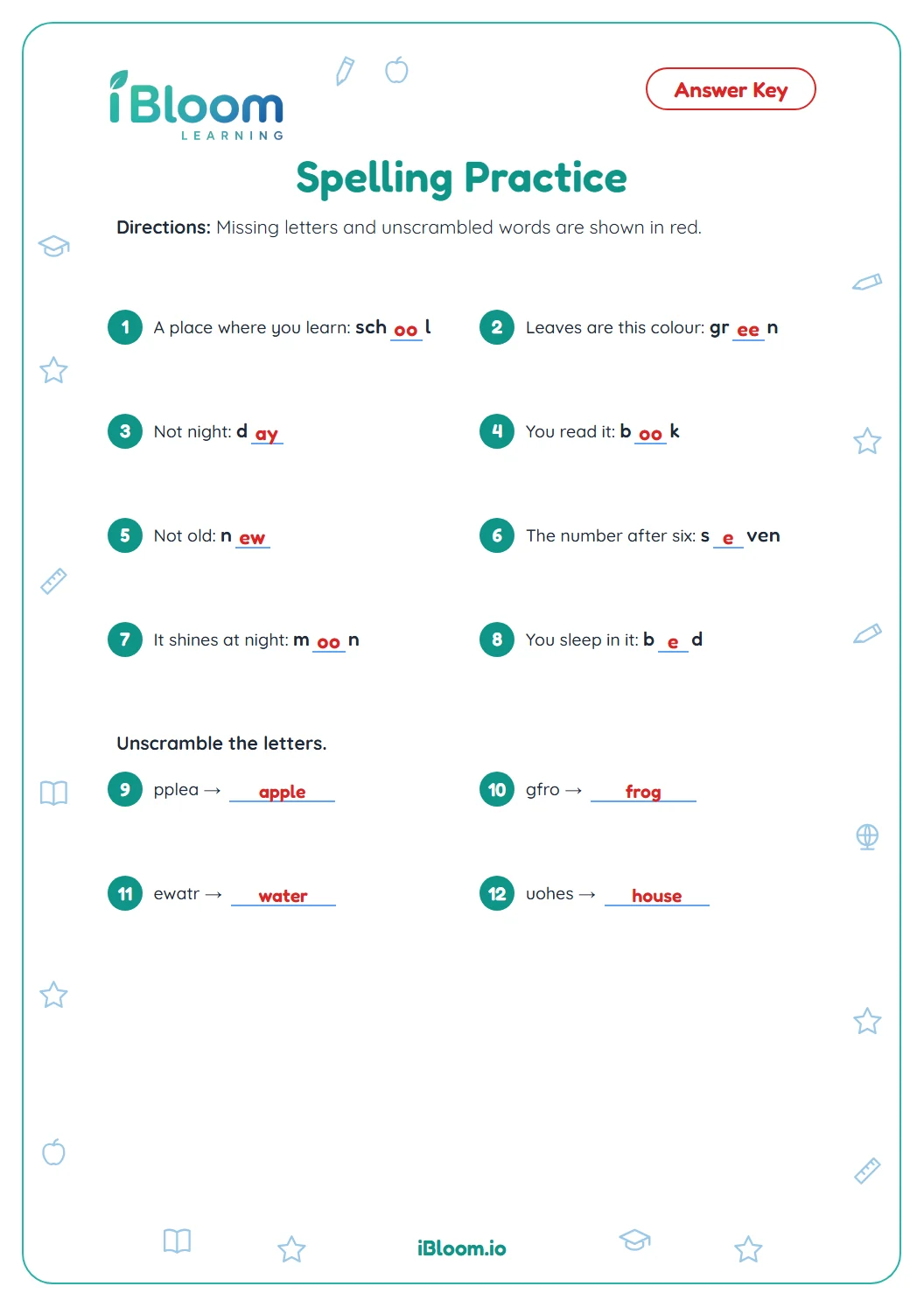Answer key for the spelling practice worksheet with every missing letter and unscrambled word shown.