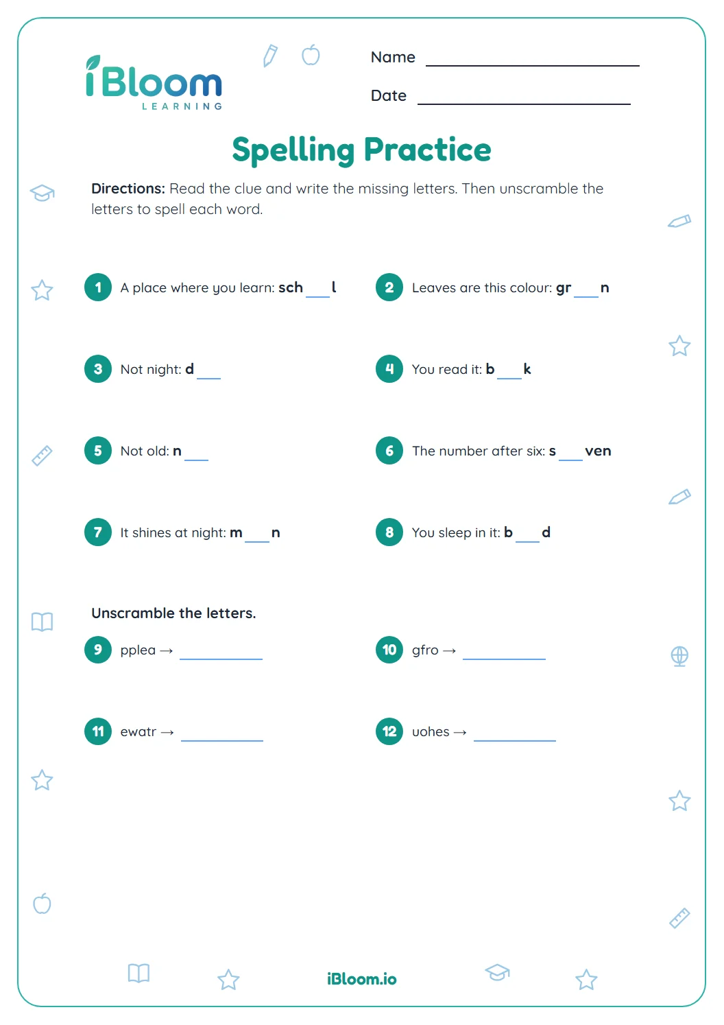Spelling practice worksheet with eight missing-letter clue words and four scrambled words.