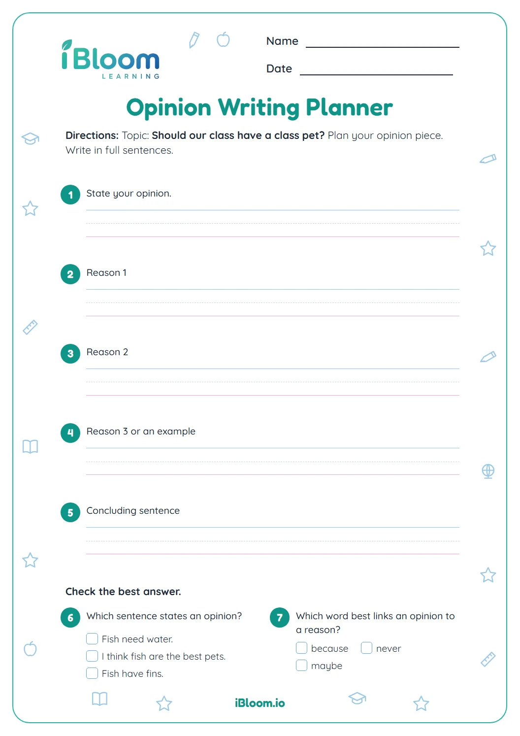 Grade 4 opinion writing planner worksheet with lines for an opinion, three reasons and a conclusion, plus two questions.