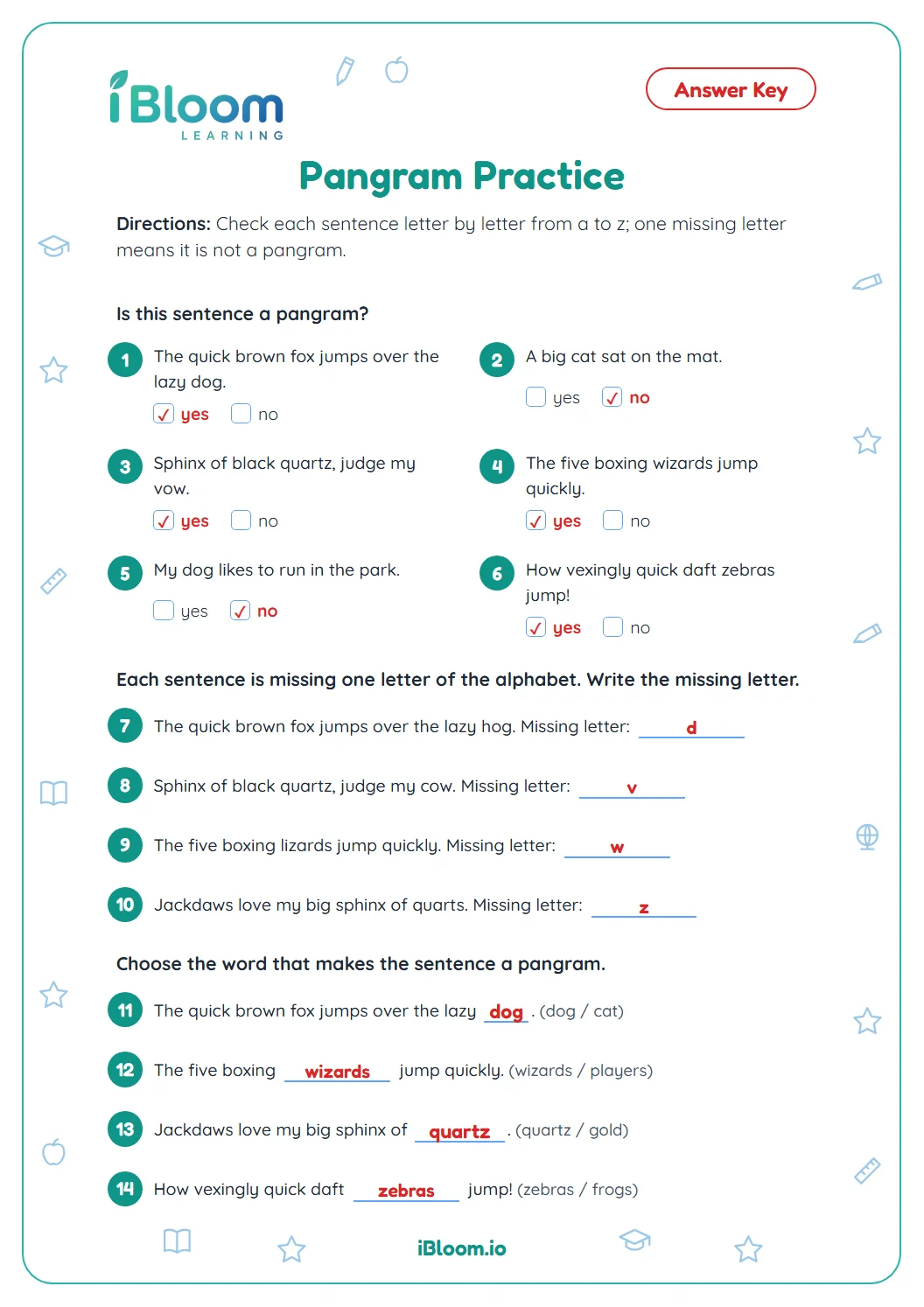 Answer key for the pangram practice worksheet with every pangram, missing letter and word marked.